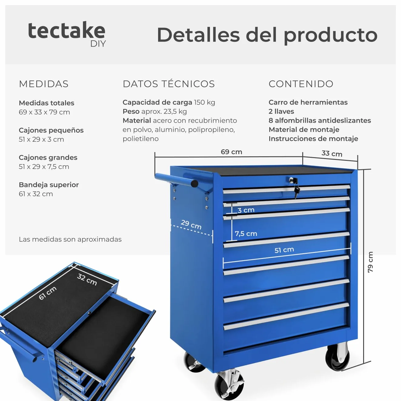 Tectake Carrito Auxiliar con Ruedas, 7 Cajones, Organizador de Herramientas, Armario Metálico, Azul