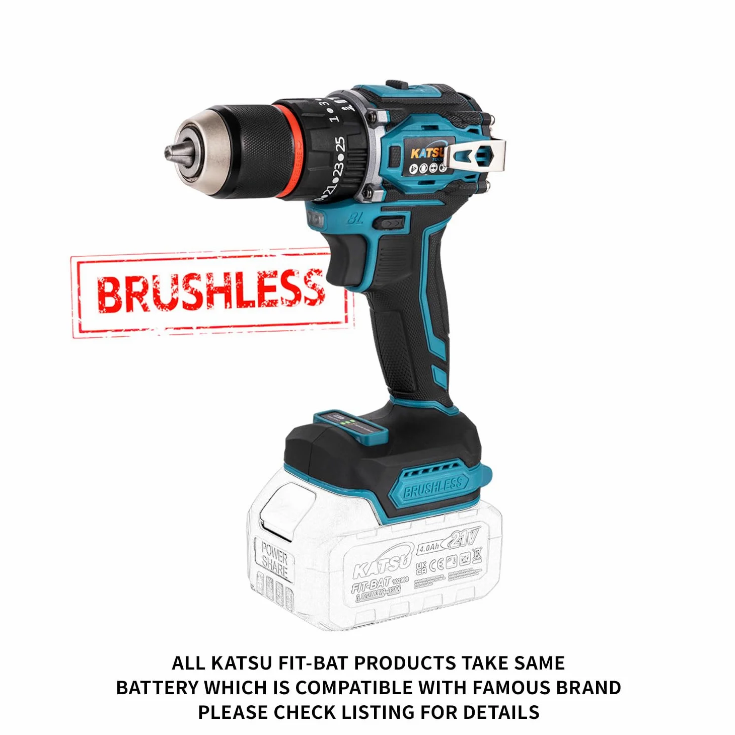 KATSU FIT-BAT de 21 V Taladro atornillador de impacto inalámbrico sin escobillas, portabrocas de 13 mm, sin batería 102624