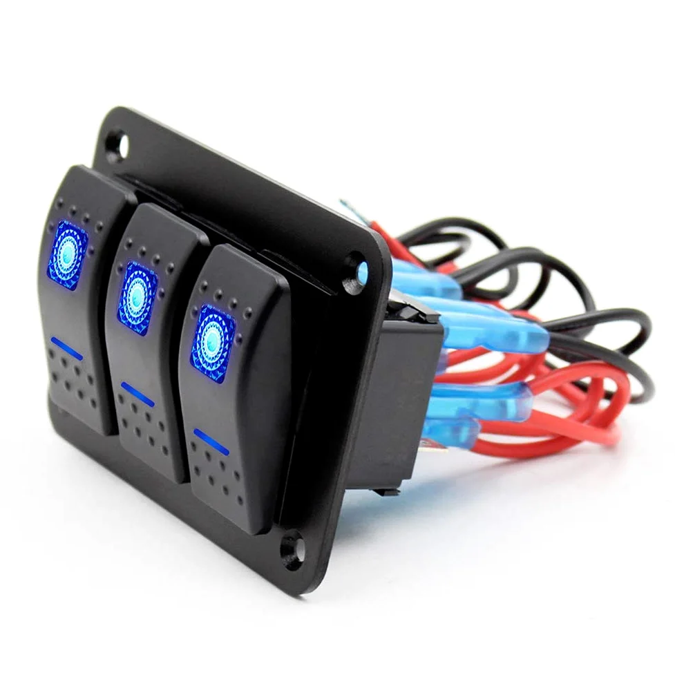 Geloo Panel de Interruptores de 3Gang Universales de Aluminio de 12V Interruptor Basculante Precableado 5 pines Encendido/Apagado Azul LED Retroiluminados