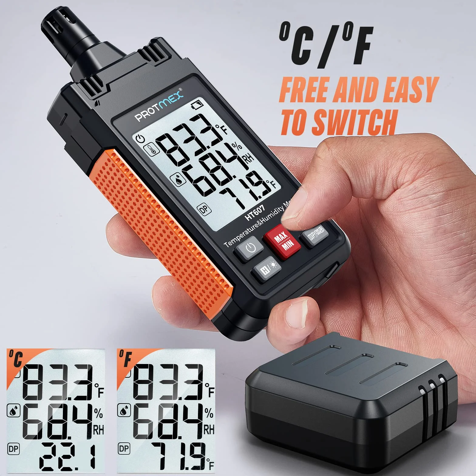 HT607 Medidor de temperatura y humedad de alta precisión con temperatura ambiente, humedad relativa, punto de rocío, termómetro de bulbo húmedo, retención mín./máx., retroiluminación LCD