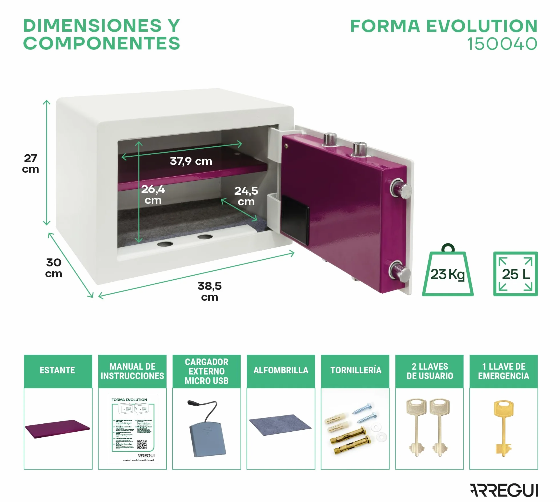 ARREGUI Forma Evolution 150040 Caja fuerte con llave y codigo, facil de usar | Caja de seguridad, apertura con teclado y llave | Caja fuerte electronica para casa, doble seguridad | 27x38,5x30cm | 25L