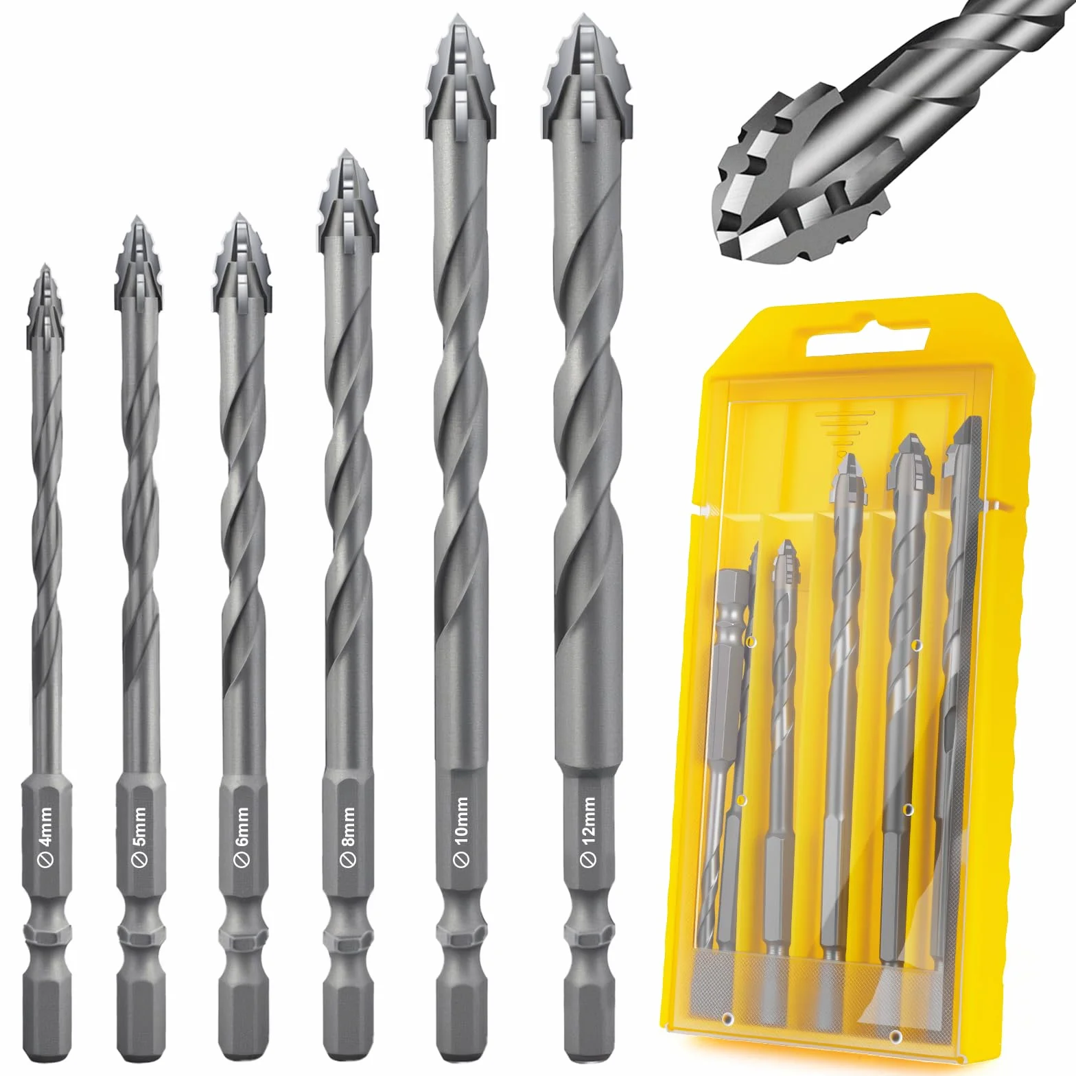 Flintronic 6 Piezas Brocas Porcelanico, Broca Ceramica Ø 4-12 mm, Taladro Excéntrico, Taladro de Vidrio con Vástago Hexagonal, para Madera Plástico Albañilería Baldosa Cerámica Vidrio Hormigón