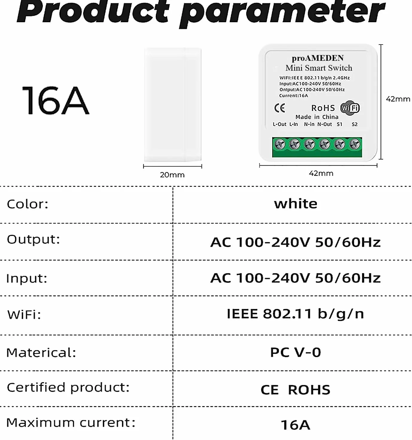 Interruptor WiFi Inteligente 16A proAMEDEN, Control Remoto App Tuya/Smart Life, Compatible Alexa y Google Home
