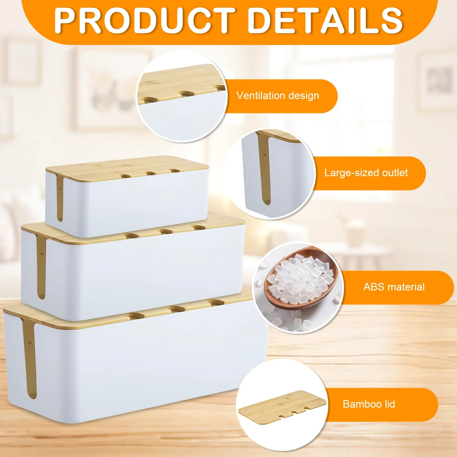 Juego de 3 Caja Cables Blancas, Caja Cables Organizador con Tapas de Bambú de Tres Tamaños, Caja Organizadora de Cable con Tapa de Madera Perforada, Caja para Cable con Bridas