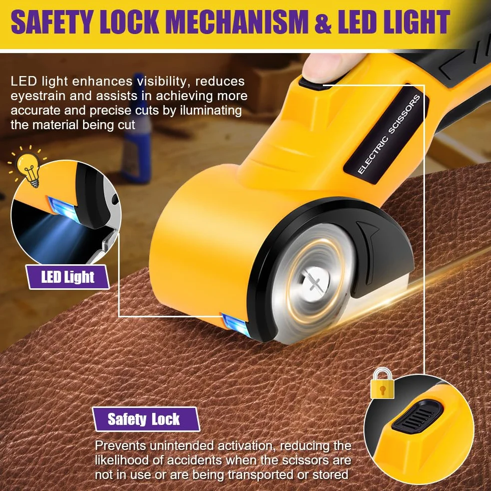 HOTUT Tijeras Eléctricas Sin Cable, Cúter Circular, Mini Cutter Eléctrico, Recargable Con Diseño De Corte Rotativo, Carga USB, Gatillo Extralargo, Luz LED,Cortador Alfombras Y Cartón