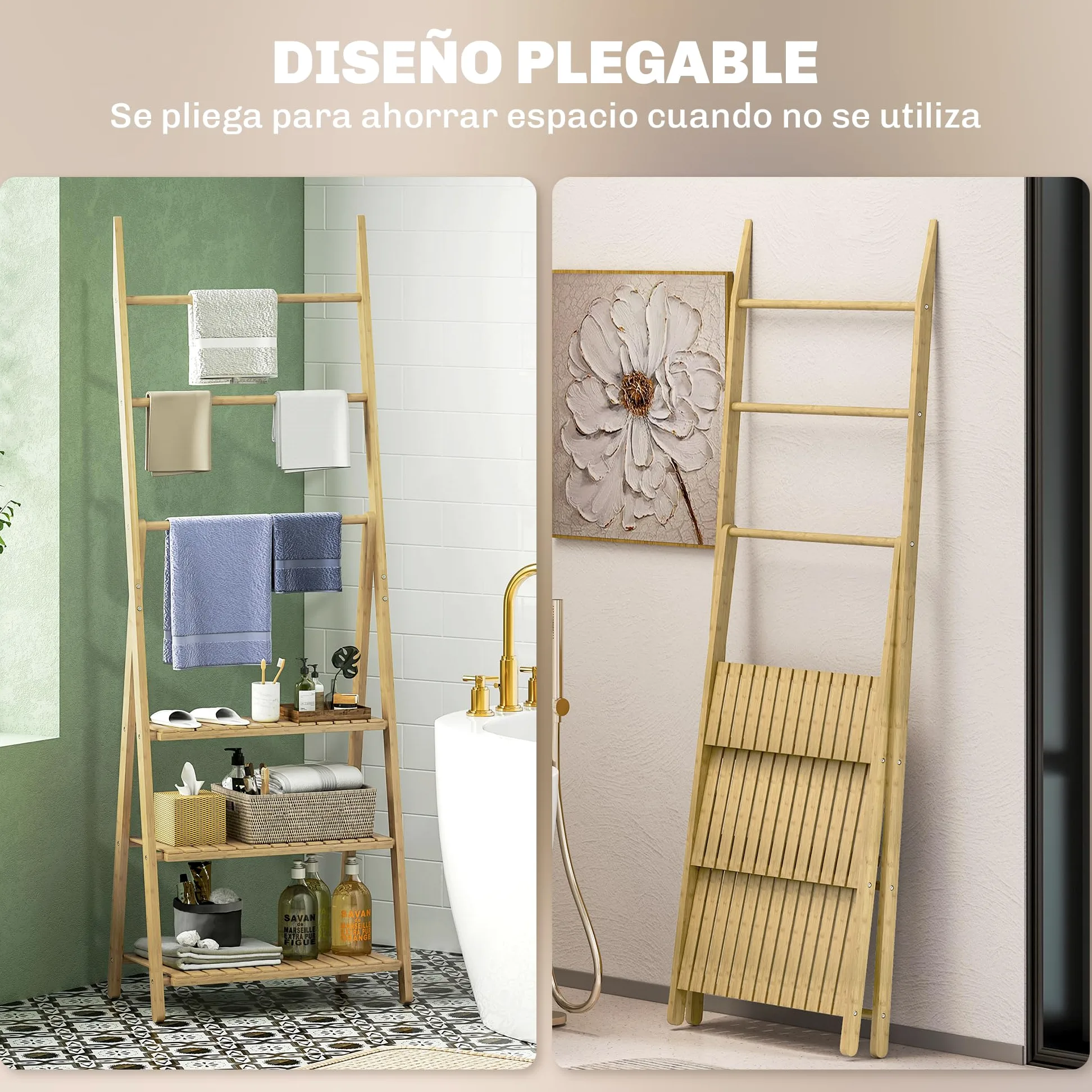 HOMCOM Estantería de Baño de Bambú con 3 Estantes 53,5x30x153 cm Natural | Estantería de Almacenaje, Plegable, con Barras, en Forma de A