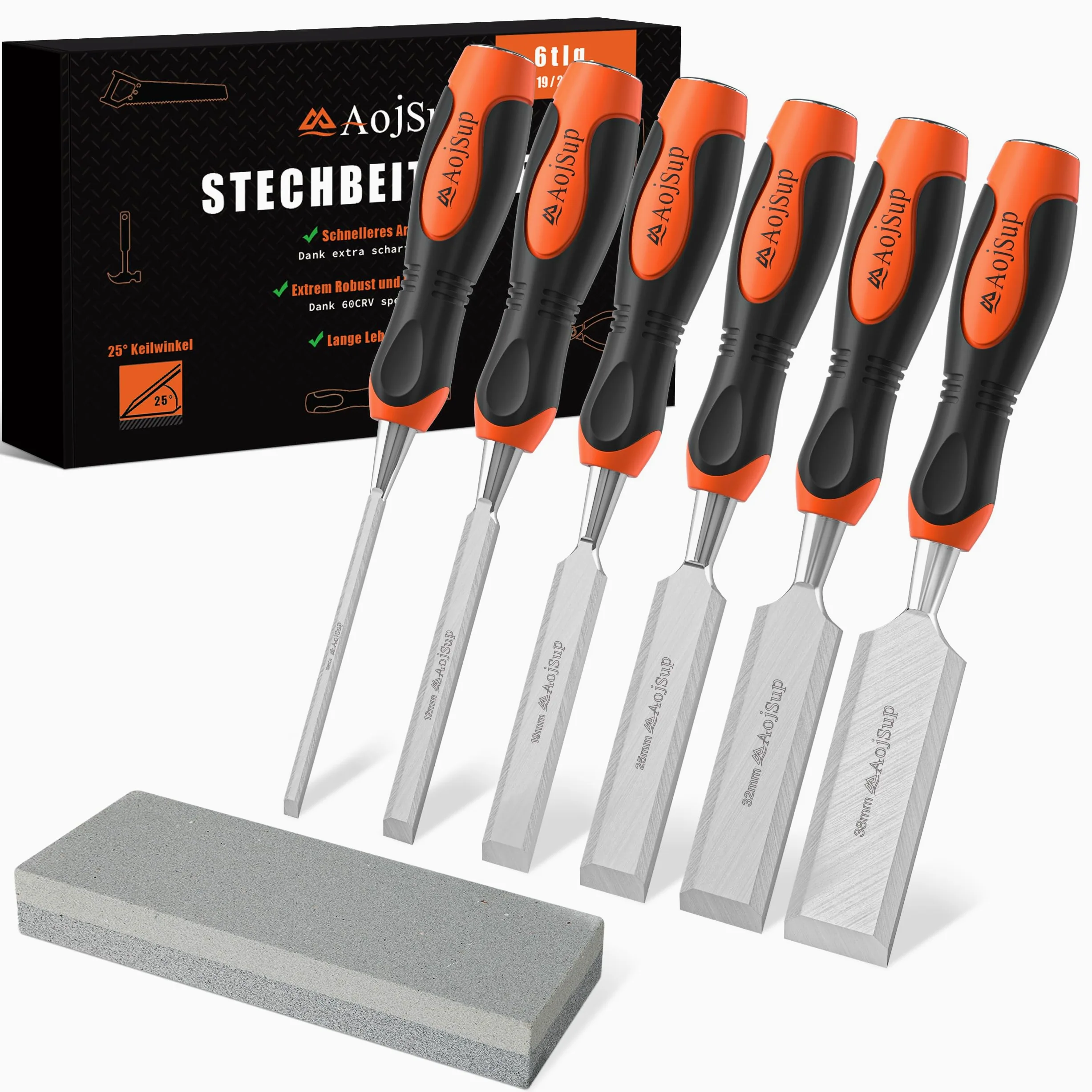 Juego De Cinceles Para Madera De 6 Piezas, Incluye Juego De Cinceles Afilados (6, 12, 19, 25, 32, 38mm) y Piedra De Amolar, Juego De Cinceles Para Madera Con Tapa De Impacto De Metal Resistente