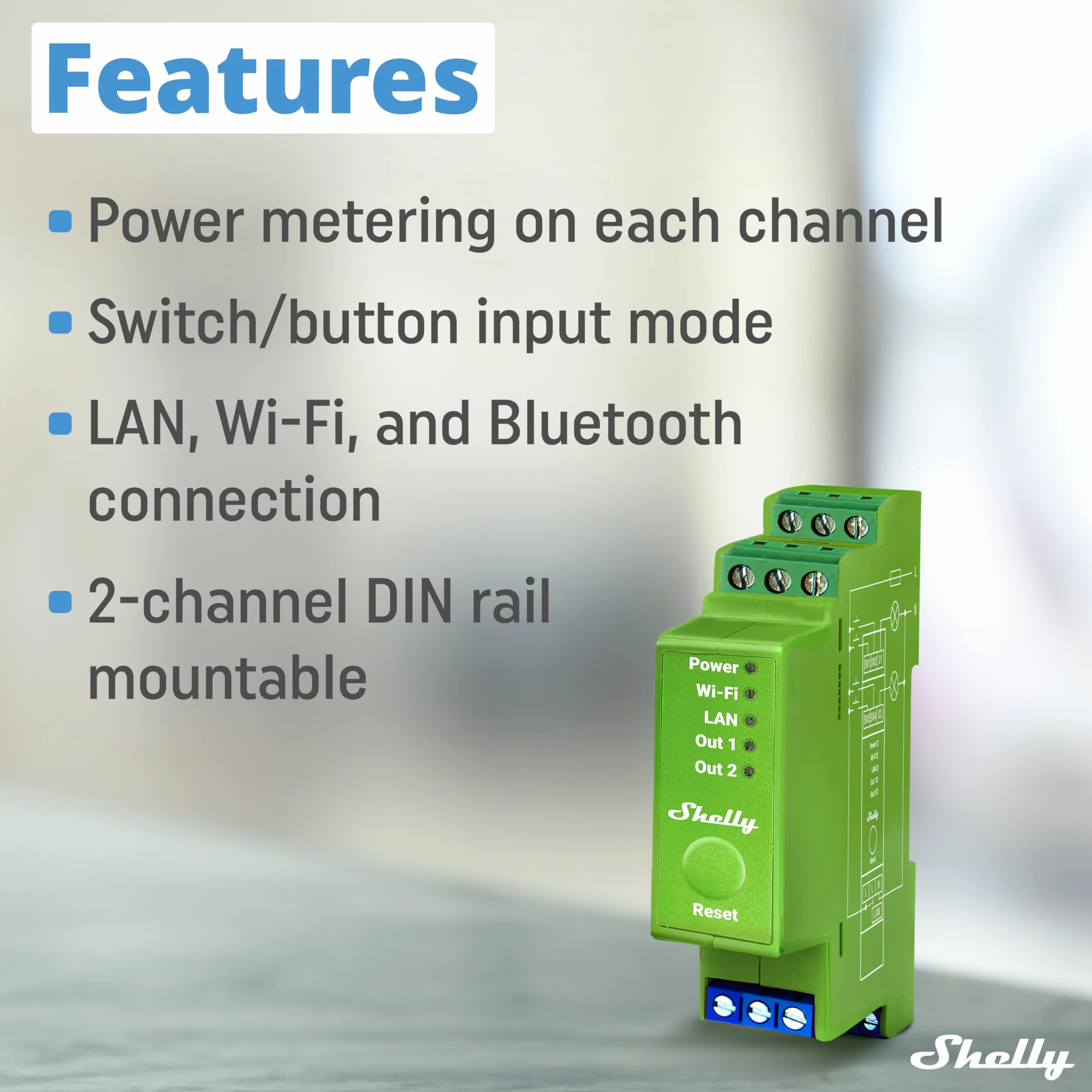 Shelly Pro Dimmer 2PM – Regulador de Luz Wi-Fi y LAN con Medidor de Consumo, 2 Canales (x 200W), Montaje en Riel DIN, Compatible con Bombillas Halógenas y LED, Alexa y Google Home, App iOS y Android