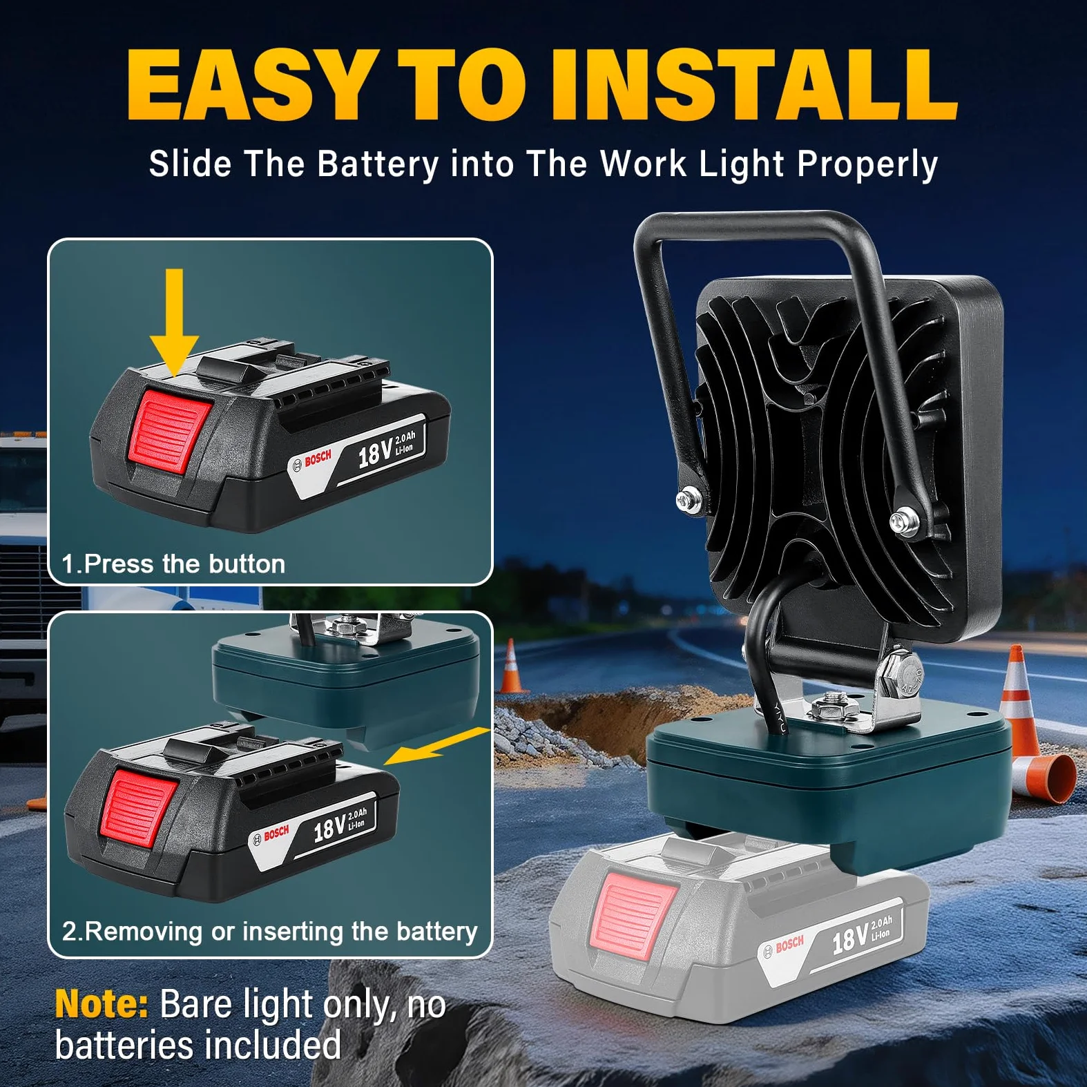 RIGIDON recargable portatil foco de trabajo led para batería bosch 18V /20V | sin batería, 4 pulgadas, 48W 4800lm, foco led Lámpara, para camping trabajo pesca construcción, emergencia, 6000K blanca