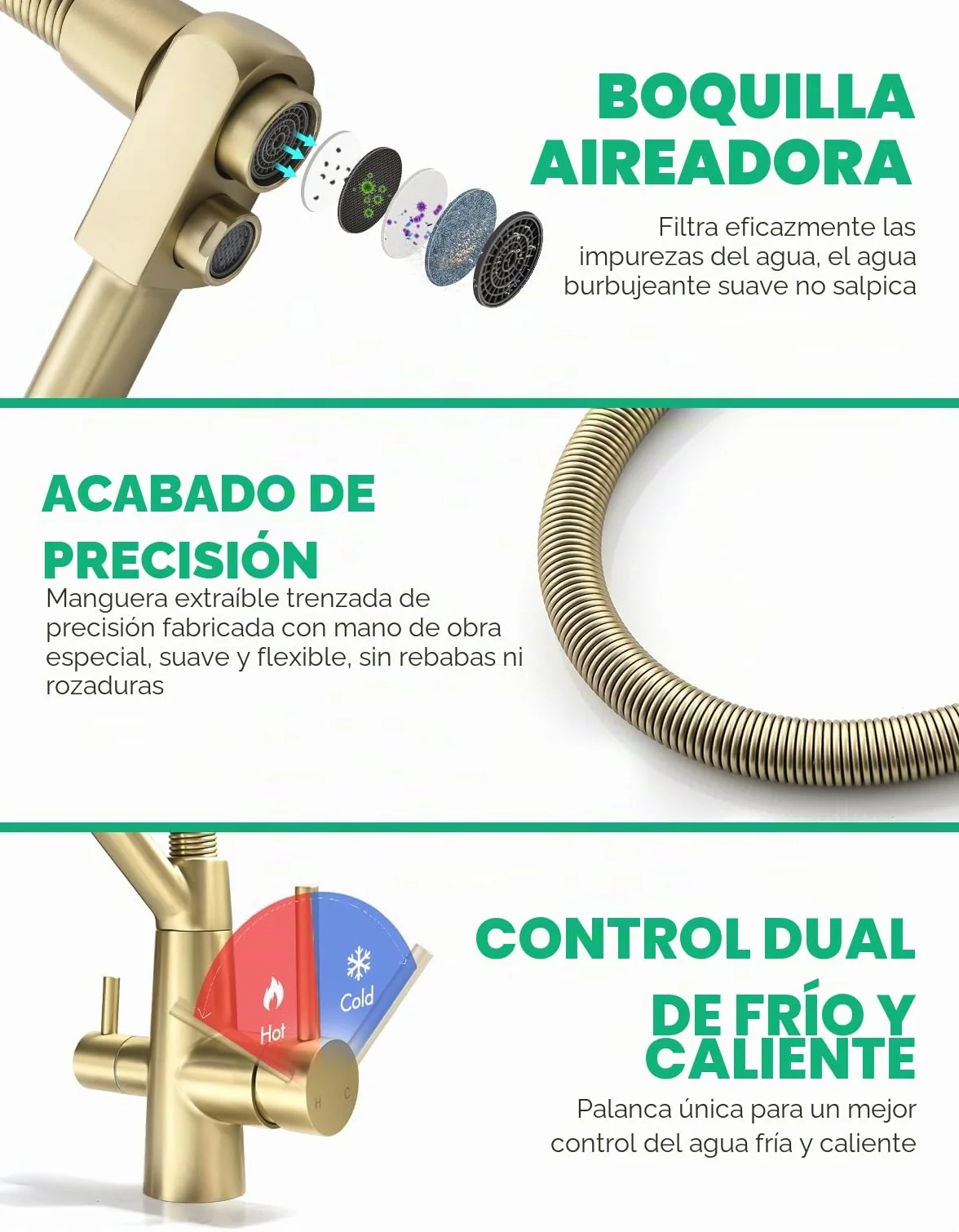 TIMACO Grifo de cocina dorado 3 vías giratorio 360° 3 en 1 para filtro de agua, grifo de resorte en espiral, doble palanca, alta presión, oro cepillado