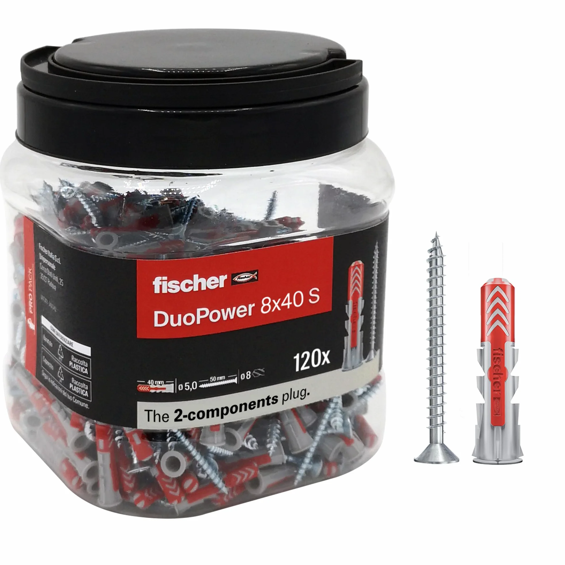 Fischer Propack Duopower 572886-120 tacos con tornillo en bote reutilizable para fijación en hormigón, mampostería y cartón yeso, 8 x 40 cm