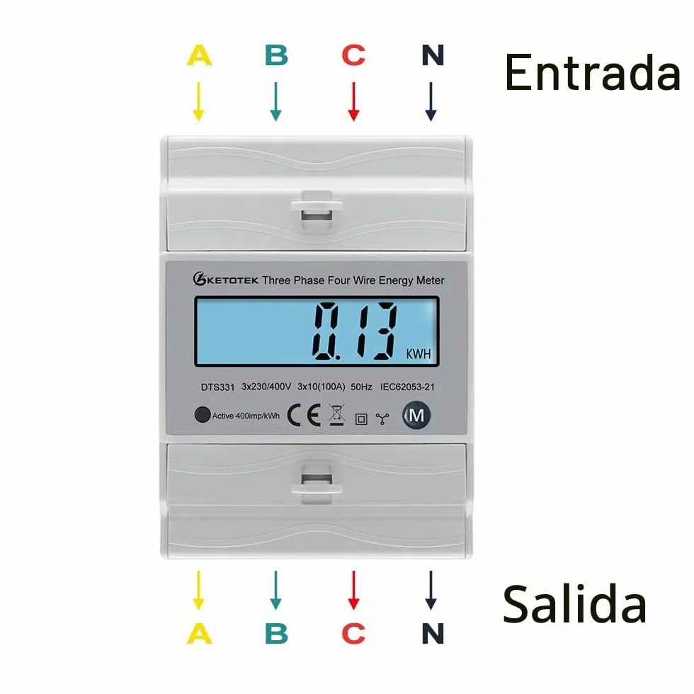 KETOTEK Contador Trifásico Carril DIN Vatímetro Bidireccional 3x230V/400V 50/60Hz DTS331 Medida kWh