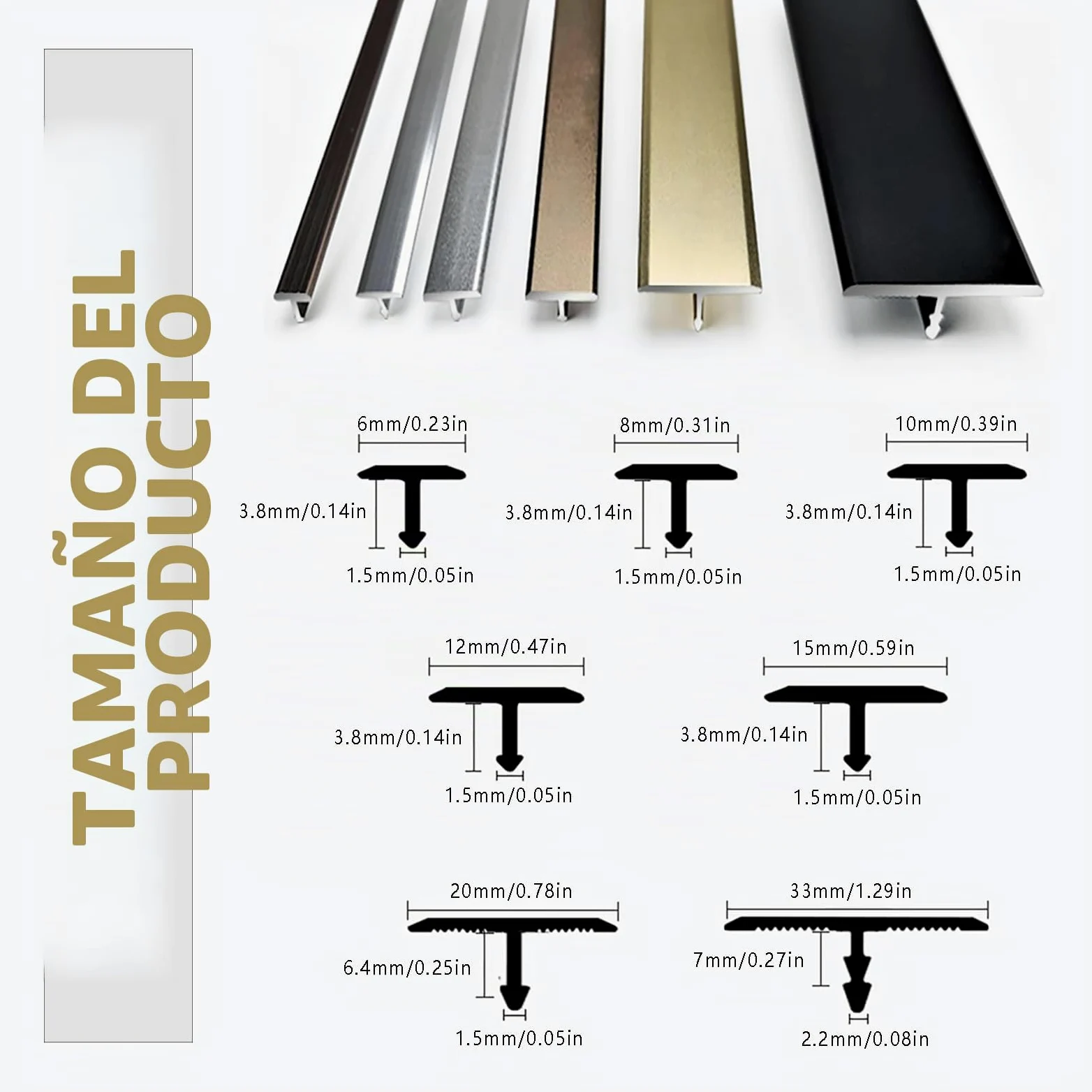 3 Piezas De Tira De Transición Para Piso De Madera, Perfil En T De 90cm, Ángulo Ajustable, Kit De Moldura Para Borde De Puertas Y Suelos, Fácil Instalación, Perfil De Aluminio(Gold,Breite 6mm)