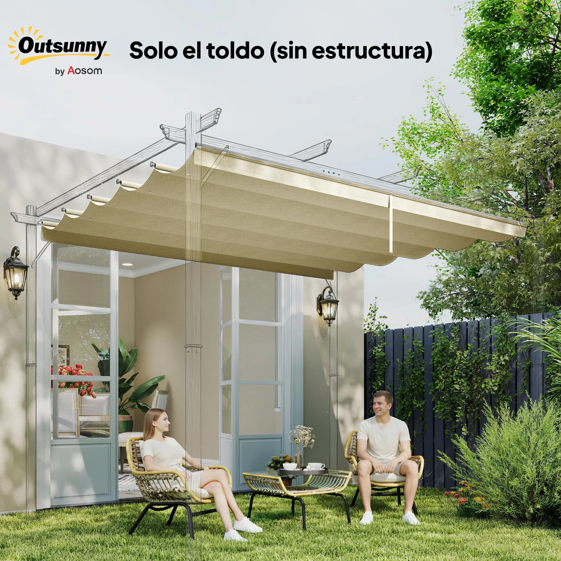 Outsunny Techo de Pérgola 3,5x2,6 m, Repuesto Retráctil UV30+, Toldo Jardín Crema