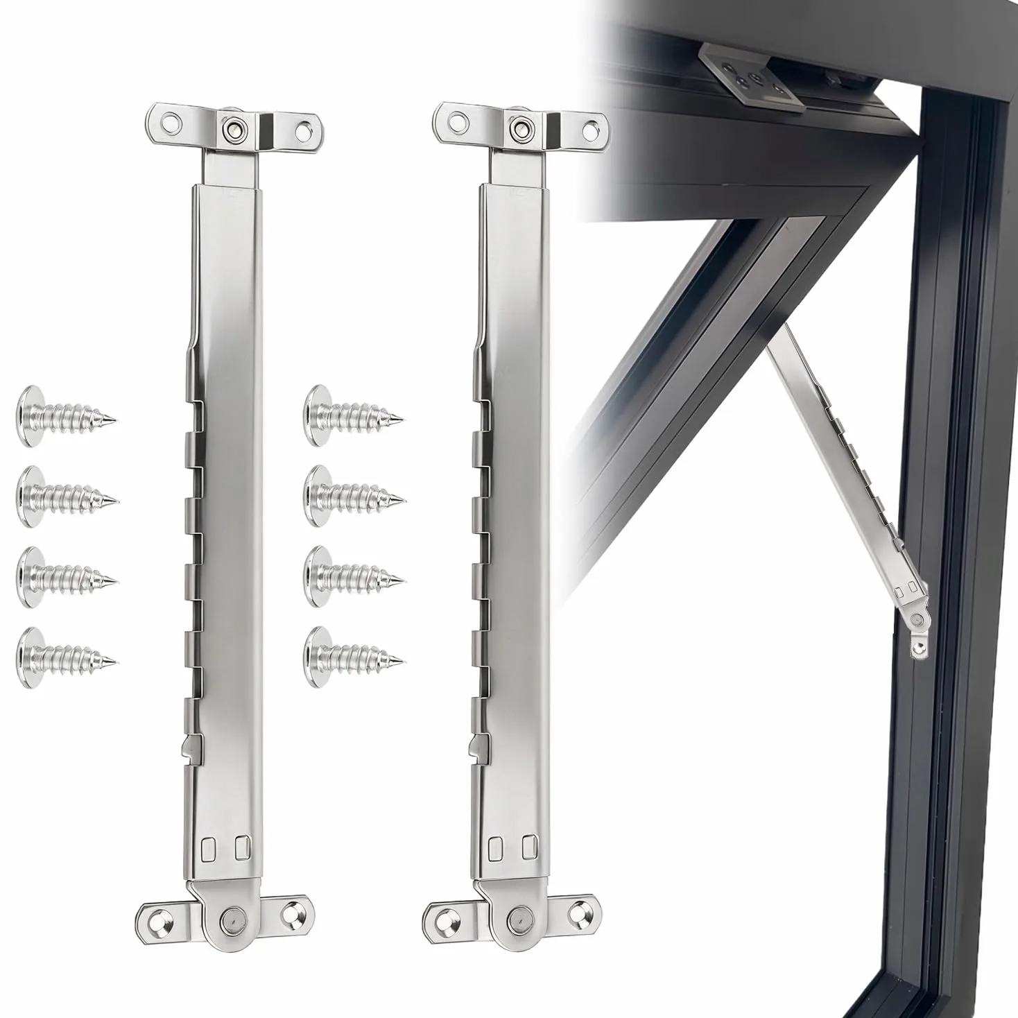 Limitador de Ventana, Ajustable Soporte Ventana Restrictor Refuerzo Ventana Soporte Abatible Telescópico Acero Inoxidable Puntal Ventana Externo Prueba Viento 28x6cm/11,0x2,4in (2 Pcs)