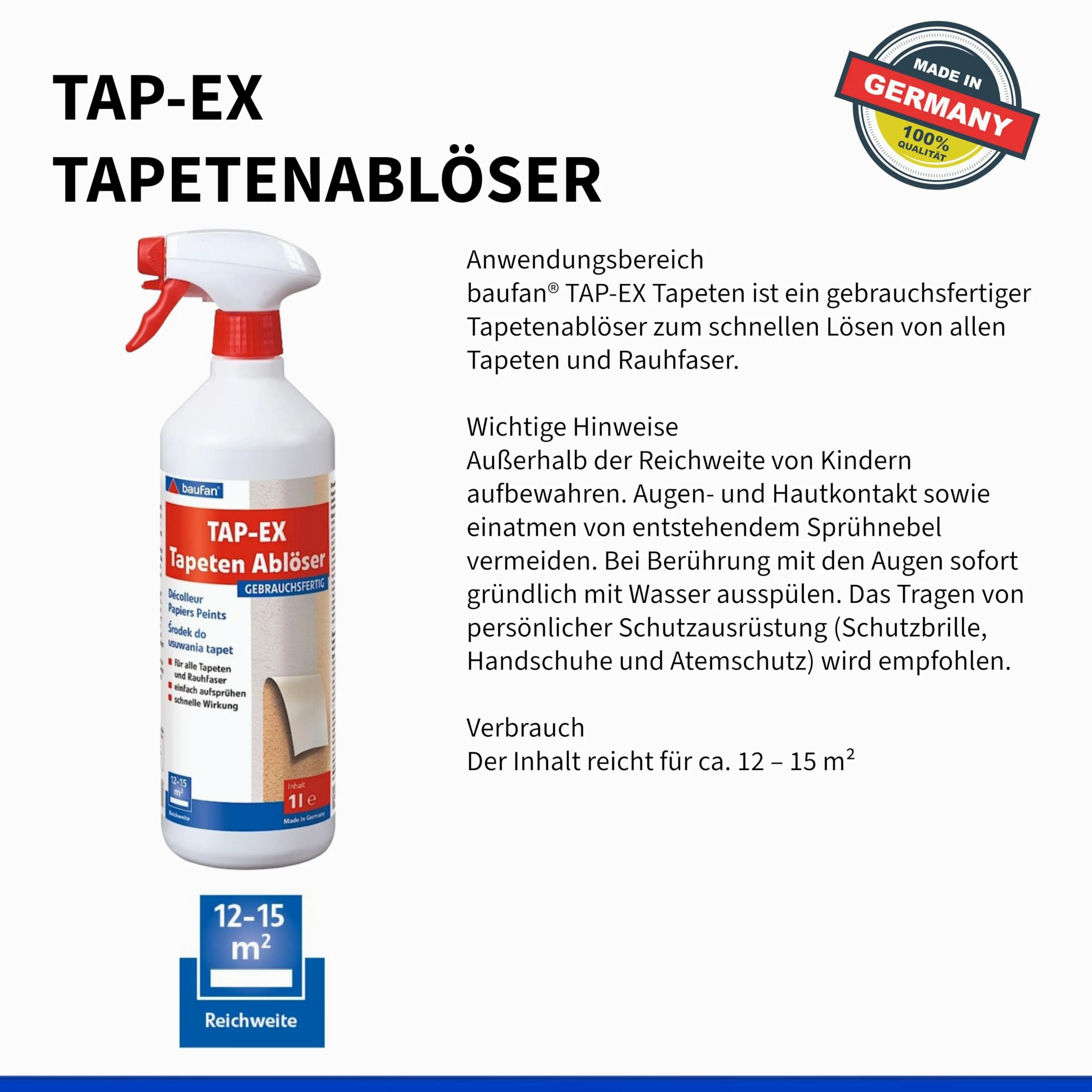 Baufan TAP-EX - Eliminador de papel pintado, 1 L, muy eficaz para todos los papeles pintados y fibras ásperas, sin disolventes, con fuertes propiedades de solución