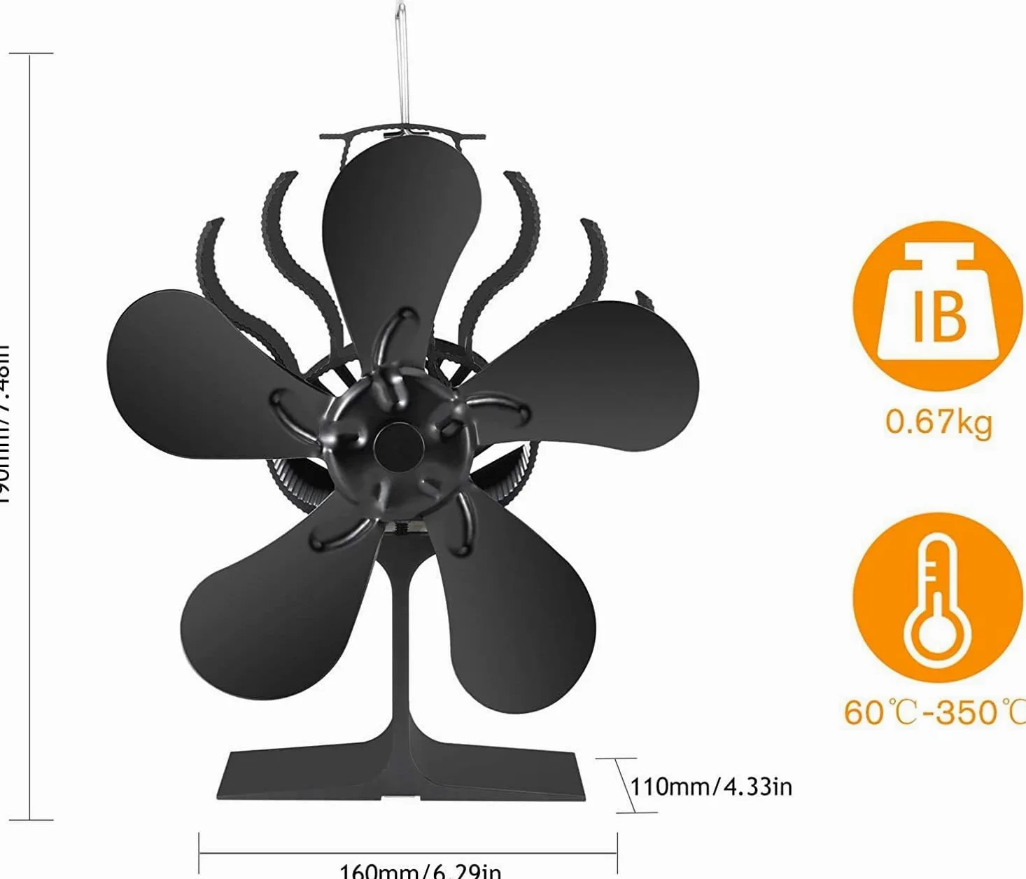Ventilador para Chimenea, Ventilador Termodinámico de 5 Aspas, No Requiere Electricidad, Circulación de Aire Caliente, Adecuado para Estufa de Leña, Chimenea, Estufa de Pellets, Estufa de Leña
