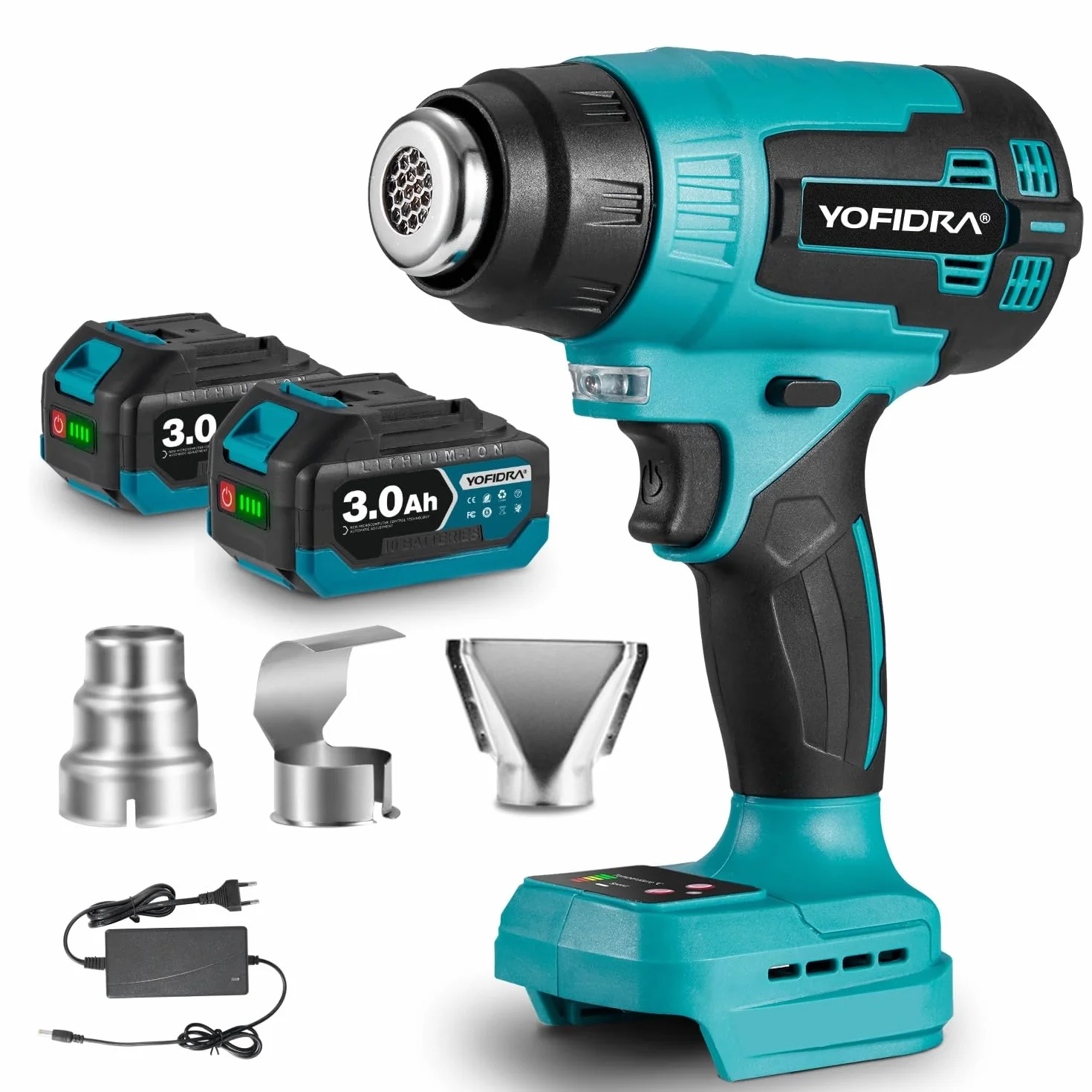 Yofidra Pistola de Aire Caliente, 500 °C máx., 9 Velocidades, Pistola de Calor a Batería, con Pantalla LCD, 3 Boquillas, 2 Baterías de 3,0 Ah, para Eliminar Pintura, Soldadura y Trabajos de Bricolaje