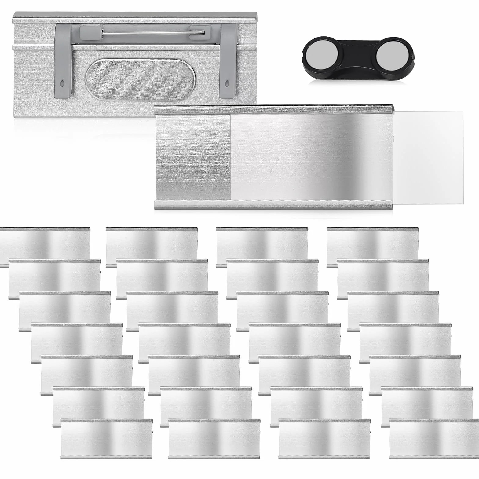 EFUTURETIME 30 x Placa Identificativas Magnéticas de Aluminio 72mm x 31mm con Alfiler y Clip de Bolsillo, Portanombre para Trabajo, Exposición, Restaurante, Escuela