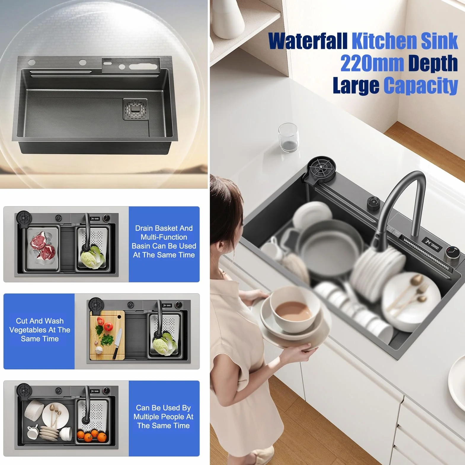 Fregadero De Cocina De Acero Inoxidable Con Cascada Y Grifo Extraíble Fregadero De Un Solo Tazón Con Montaje Superior Con Revestimiento Nanométrico Con Accesorios, Lavadora De Ollas A Presión, Tabla D