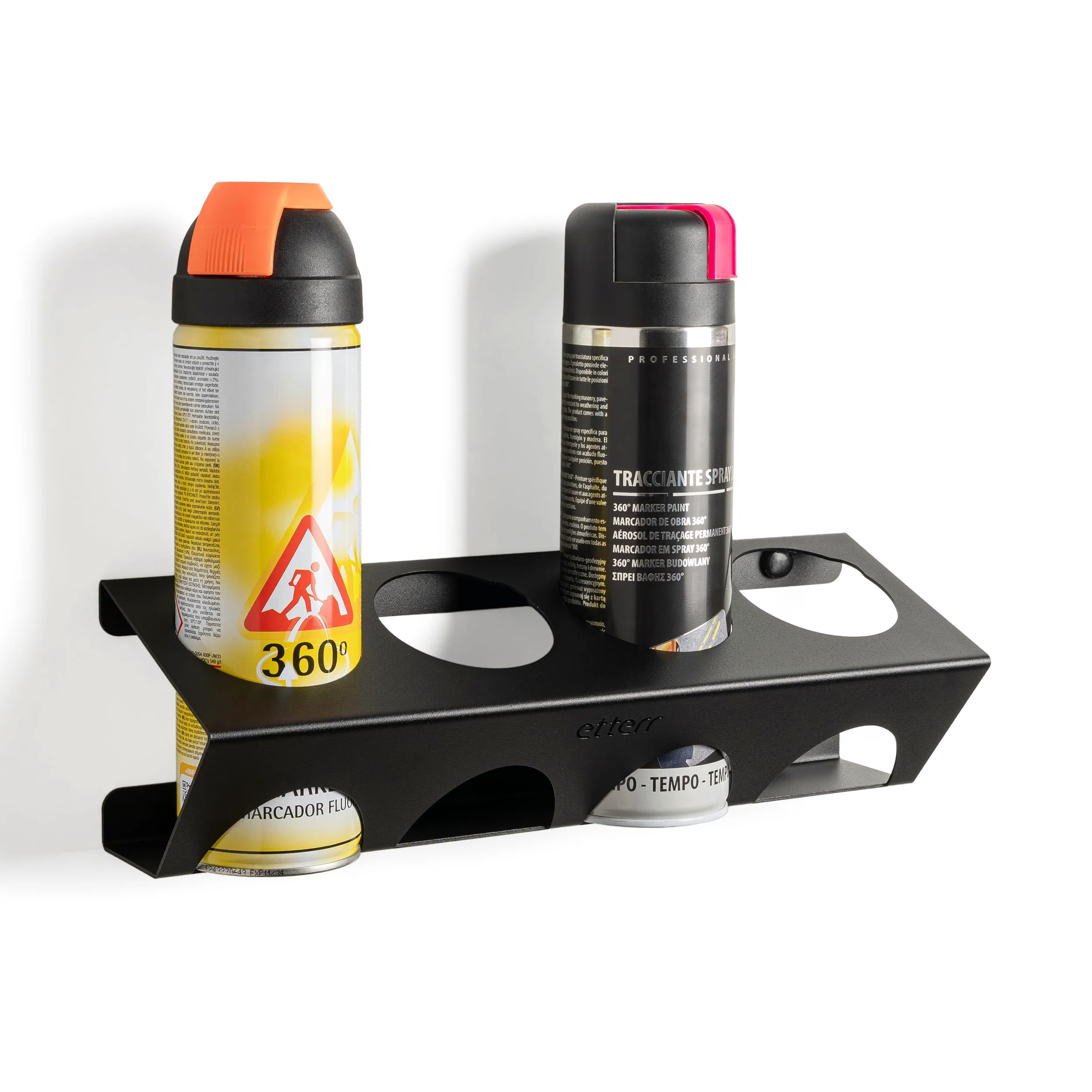 Soporte de Pared para Sprays y Aerosoles Ø65 mm | 100 % Acero Reforzado | Organizador Estantería Balda Taller, Garaje, Furgoneta | Fabricado en Europa | 400 ml | 500 ml | 366 g | 4 Botes