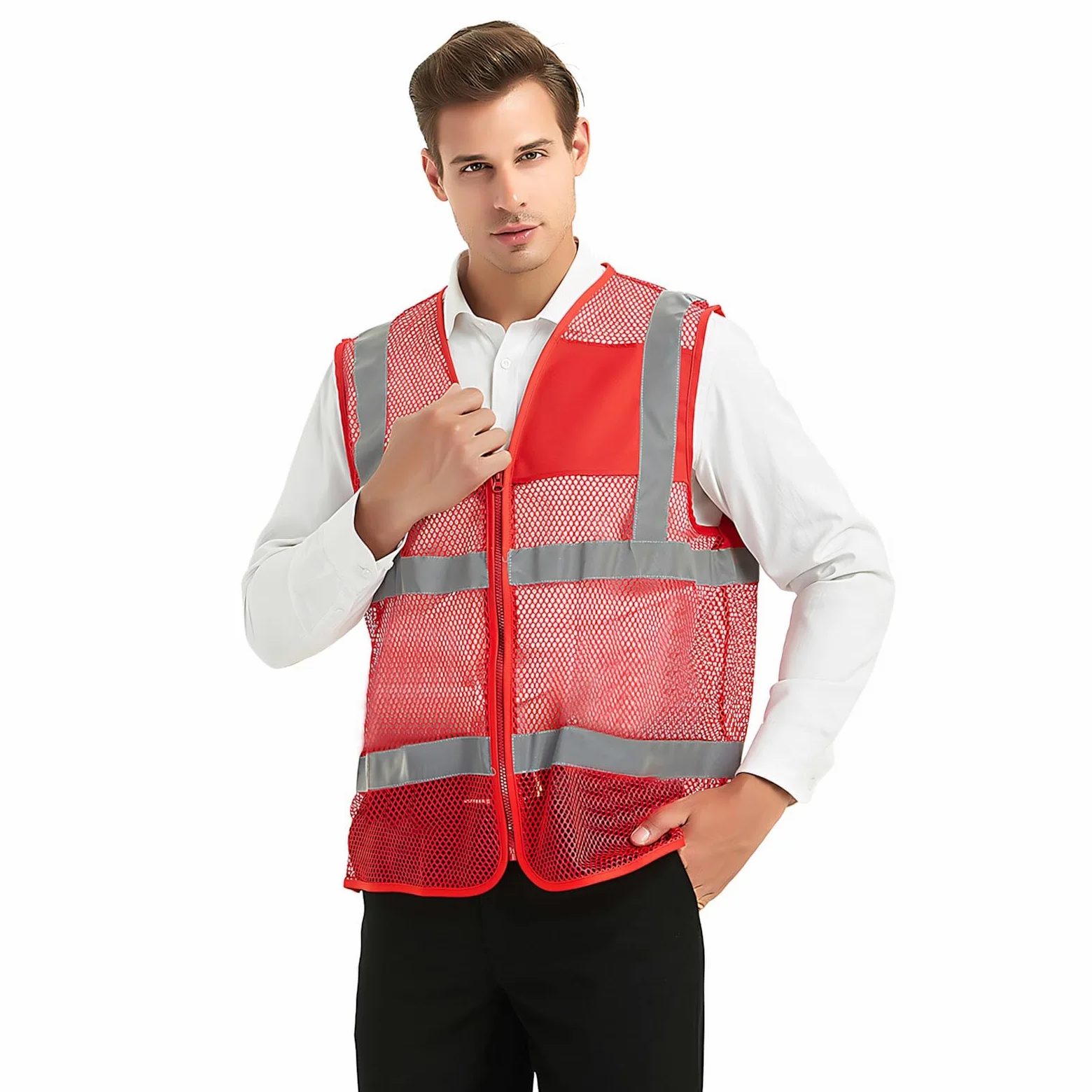 TOPTIE Paquete de 5 chalecos de seguridad transpirables frontales con cremallera de alta visibilidad unisex al por mayor, chaleco de actividad de voluntariado de malla
