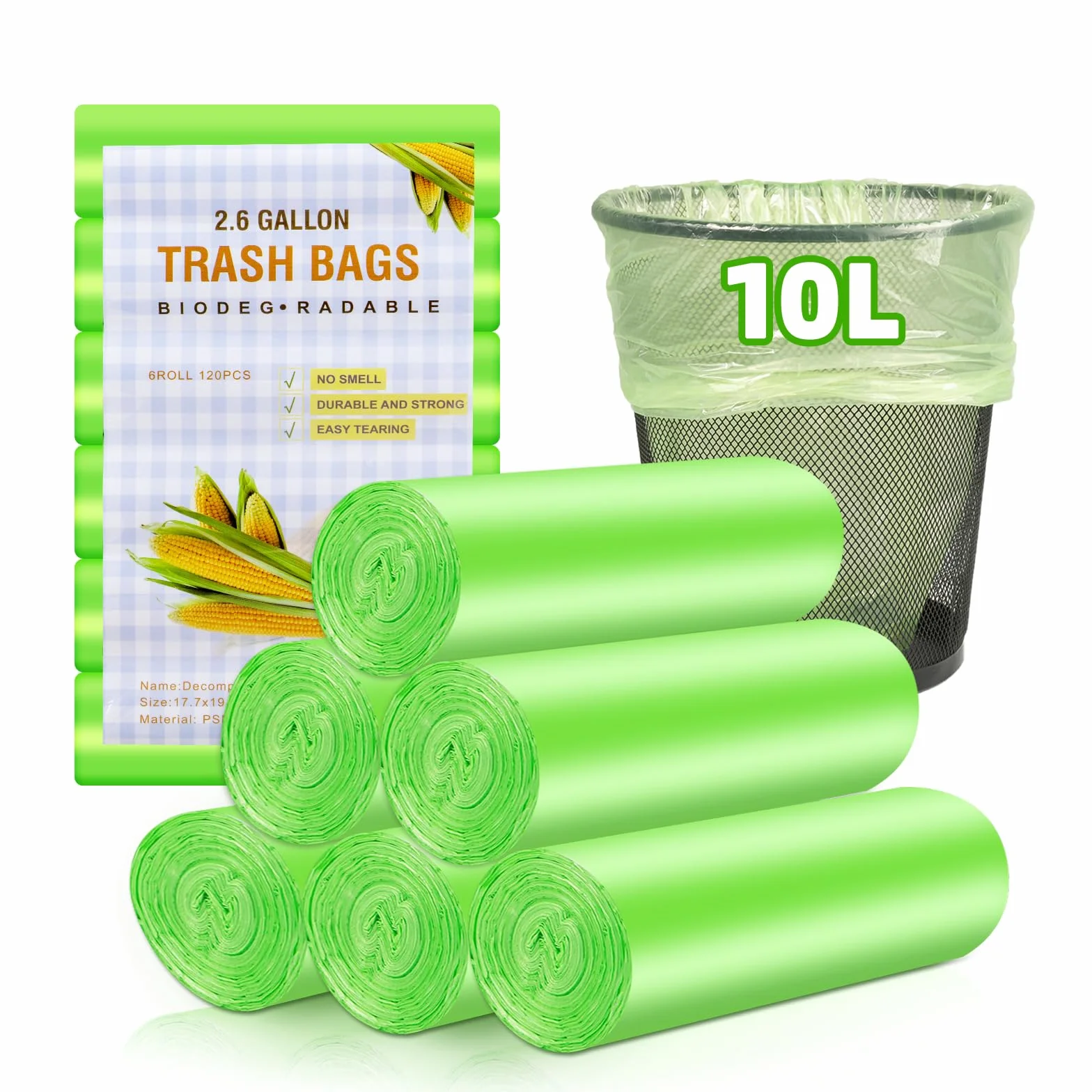 Bolsas de basura orgánicas 10 L 120 unidades biodegradables resistentes al desgarro impermeables W45x50 cm verde