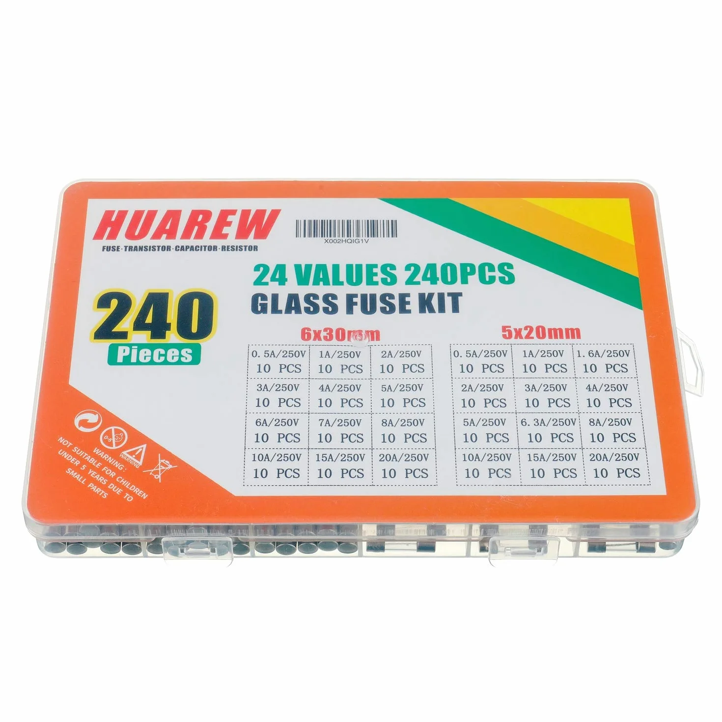 Fusible de Vidrio de Fusión Rápida 250V 5x20mm 6x30mm Kit 240 Piezas 24 Valores 0.5-20A