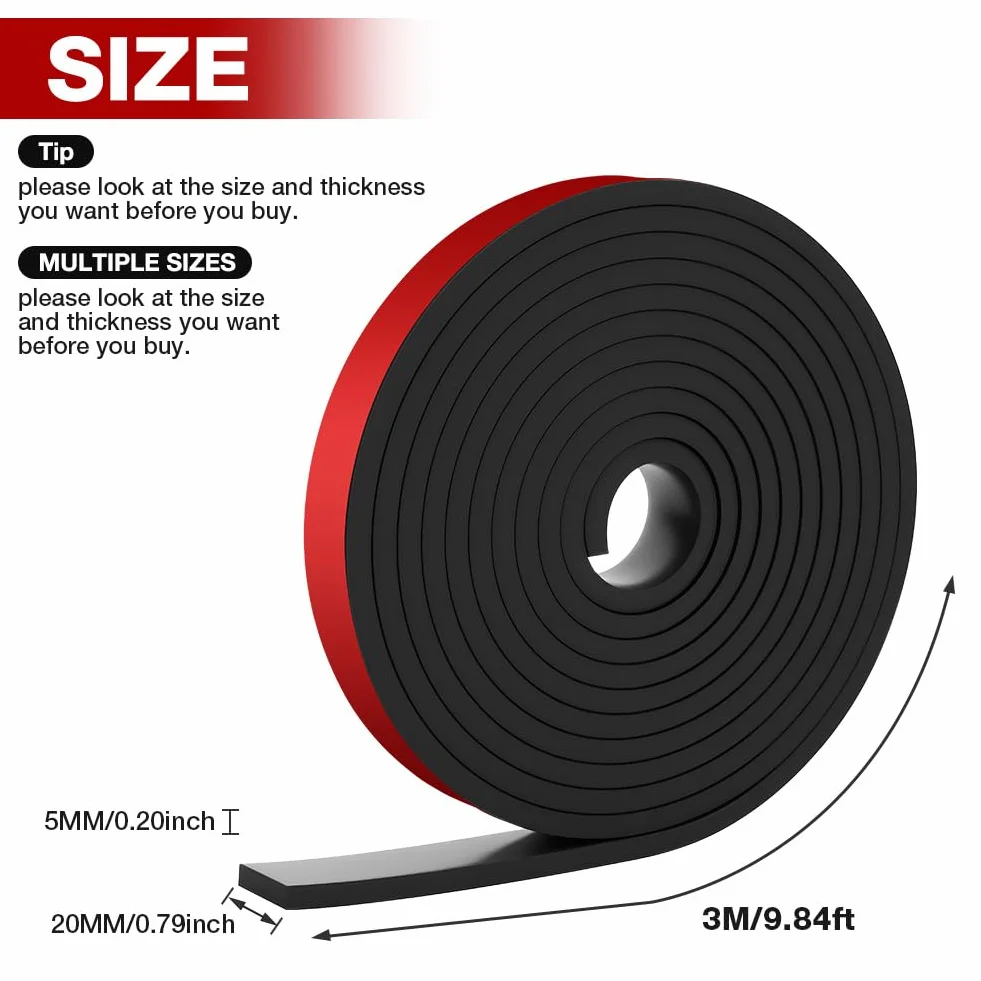 Tira de Goma Flexible Rollo de Caucho 3m×20mm×5mm, Plancha Goma Adhesivo, Neopreno, para Sellos Bricolaje, Protección Pisos, Antivibración
