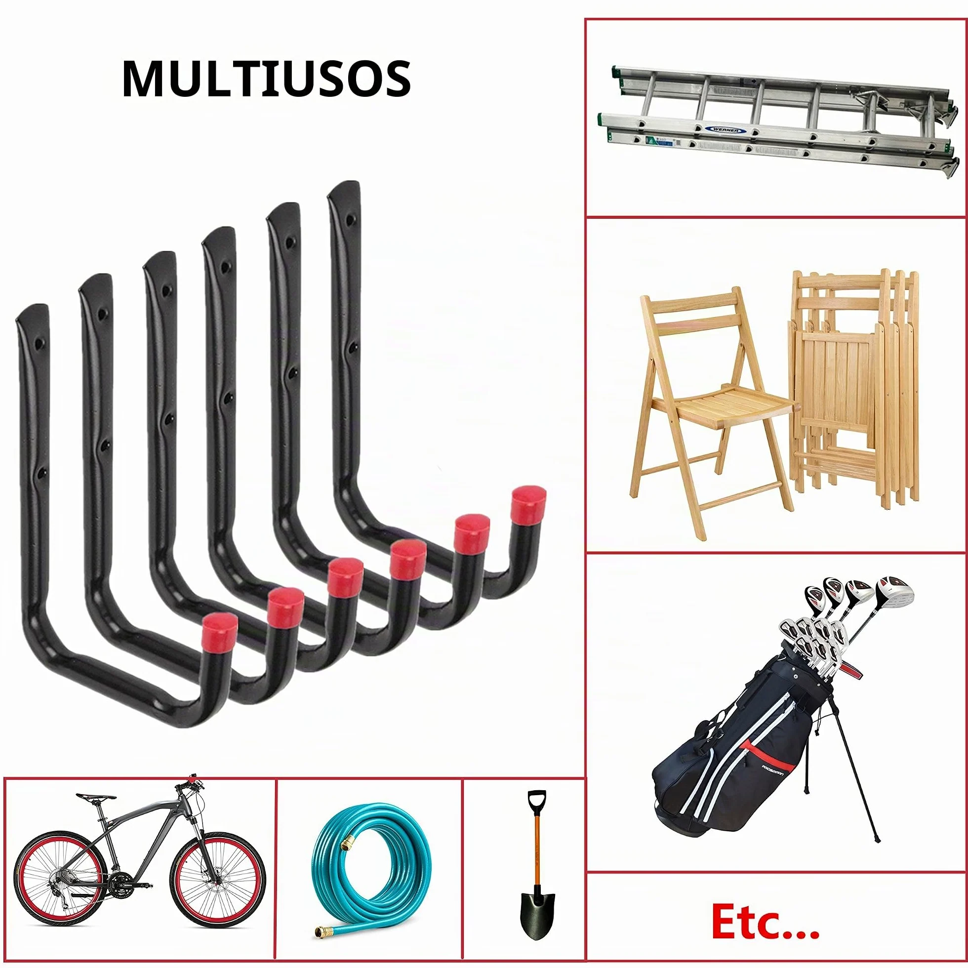 Ganchos para uso general de almacenamiento en el garaje, organizador de perchas en U para montar en la pared, silla, escaleras, manguera (6 piezas 5.7 "medio J gancho)