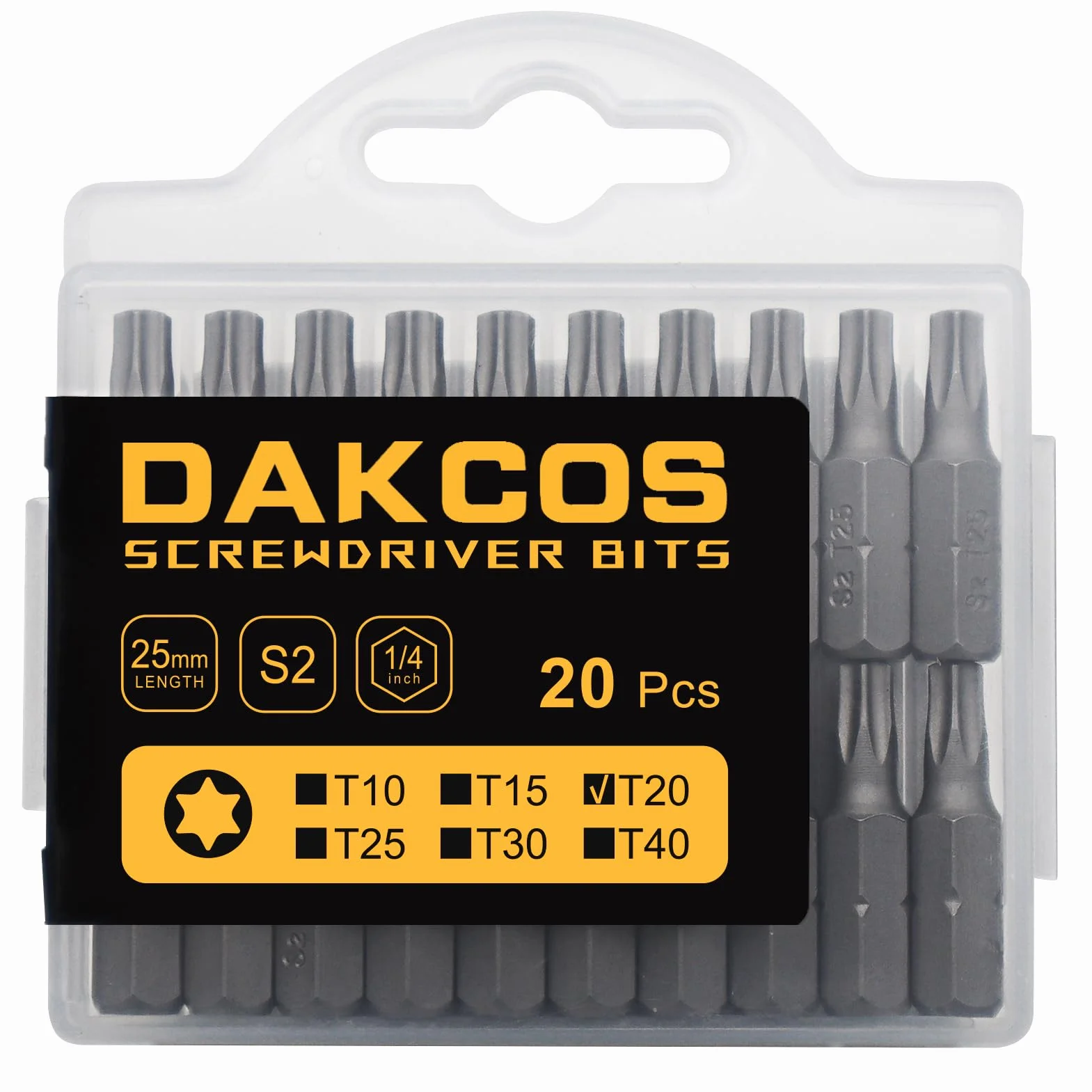 DAKCOS Juego de puntas de destornillador de estrella Torx de T20 de 20pc, acero S2 longitud de 25mm