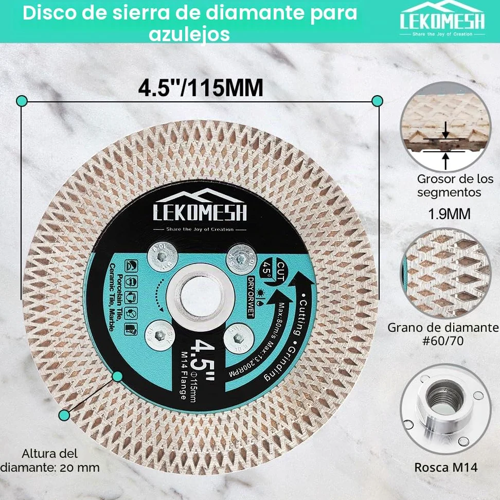 Discos Diamante 115MM para Porcelanico - Doble Cara Disco de Corte y Rectificado Diamante Ultrafino LEKOMESH para Cortar Esmerilar Cerámica Azulejos Mármol Granito,Rosca M14,X Malla