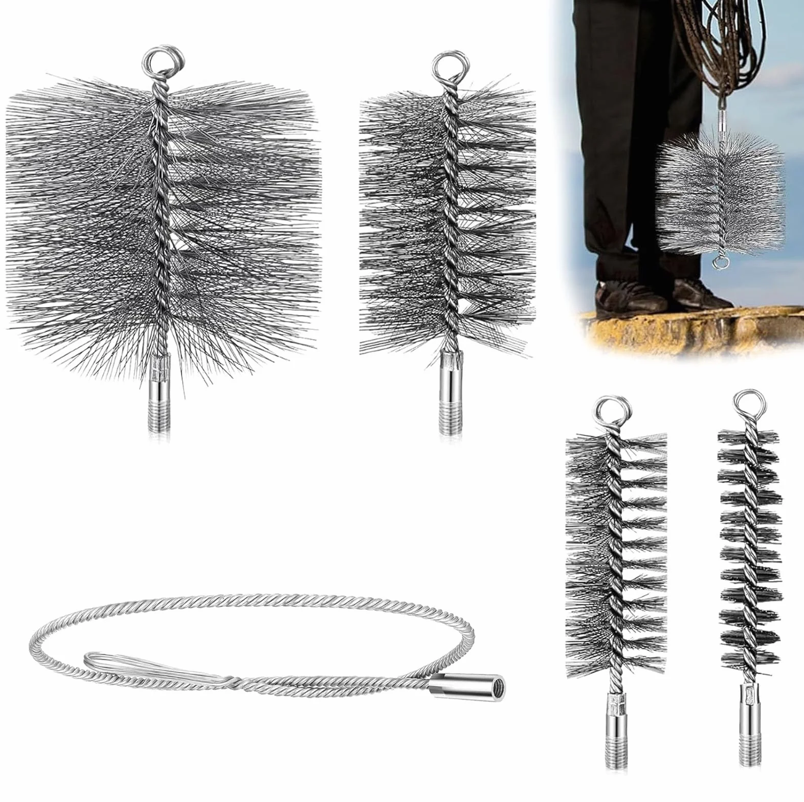 Cepillo para Tubos de Estufa, Deshollinador de Chimeneas, 30/50/80/150mm Chimney Brush and 1m Pipe Ideal para Limpiar Tuberías y Eliminar óxido
