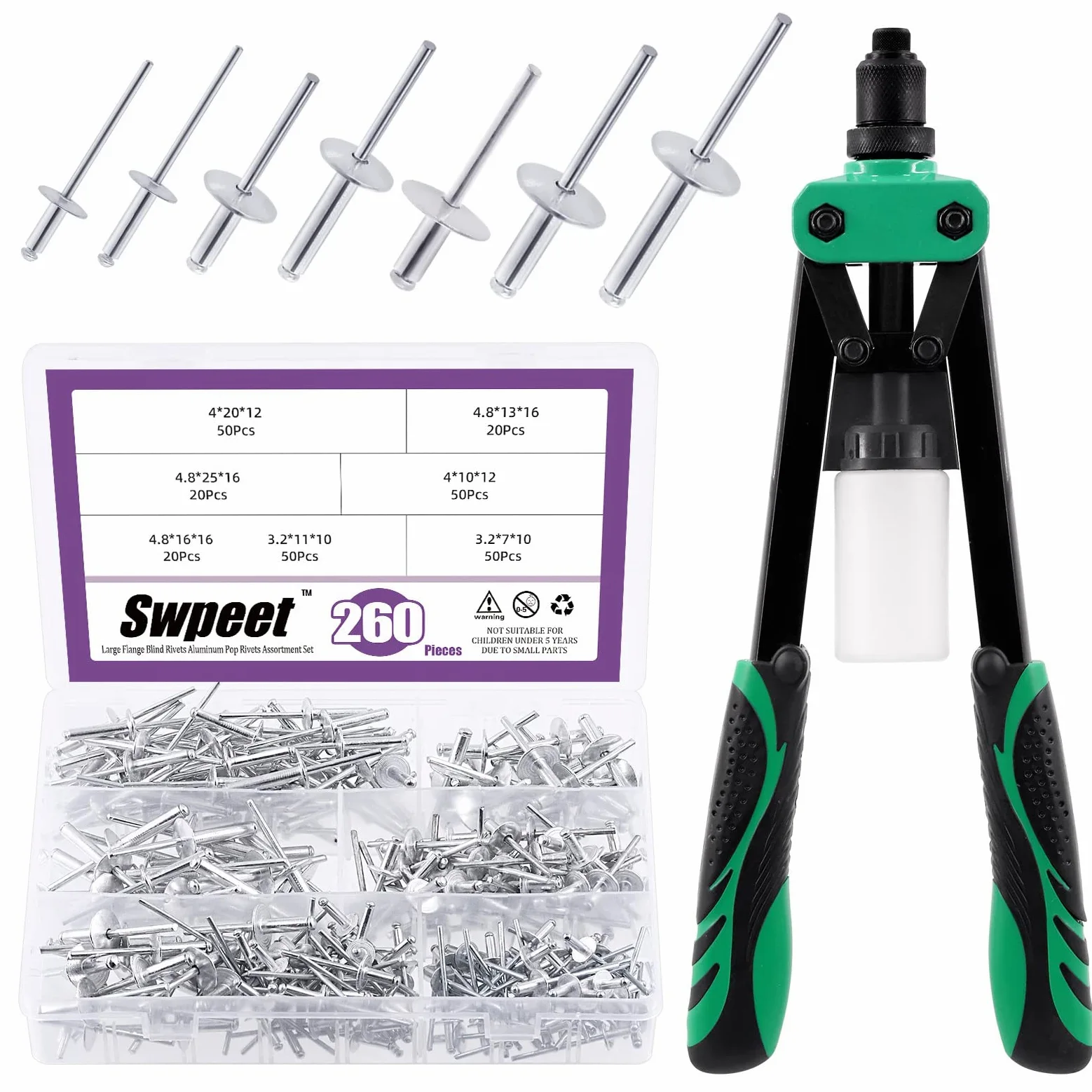 Swpeet 261 Pistolas de Remache Pop de 3/16 Pulgadas 1/8 Pulgadas 5/32 Pulgadas M3.2/4/4.8 de 13 Pulgadas y 3 Cabezales de Remache Intercambiables con Brida Grande de Aluminio, Kit Surtido de Ciegos