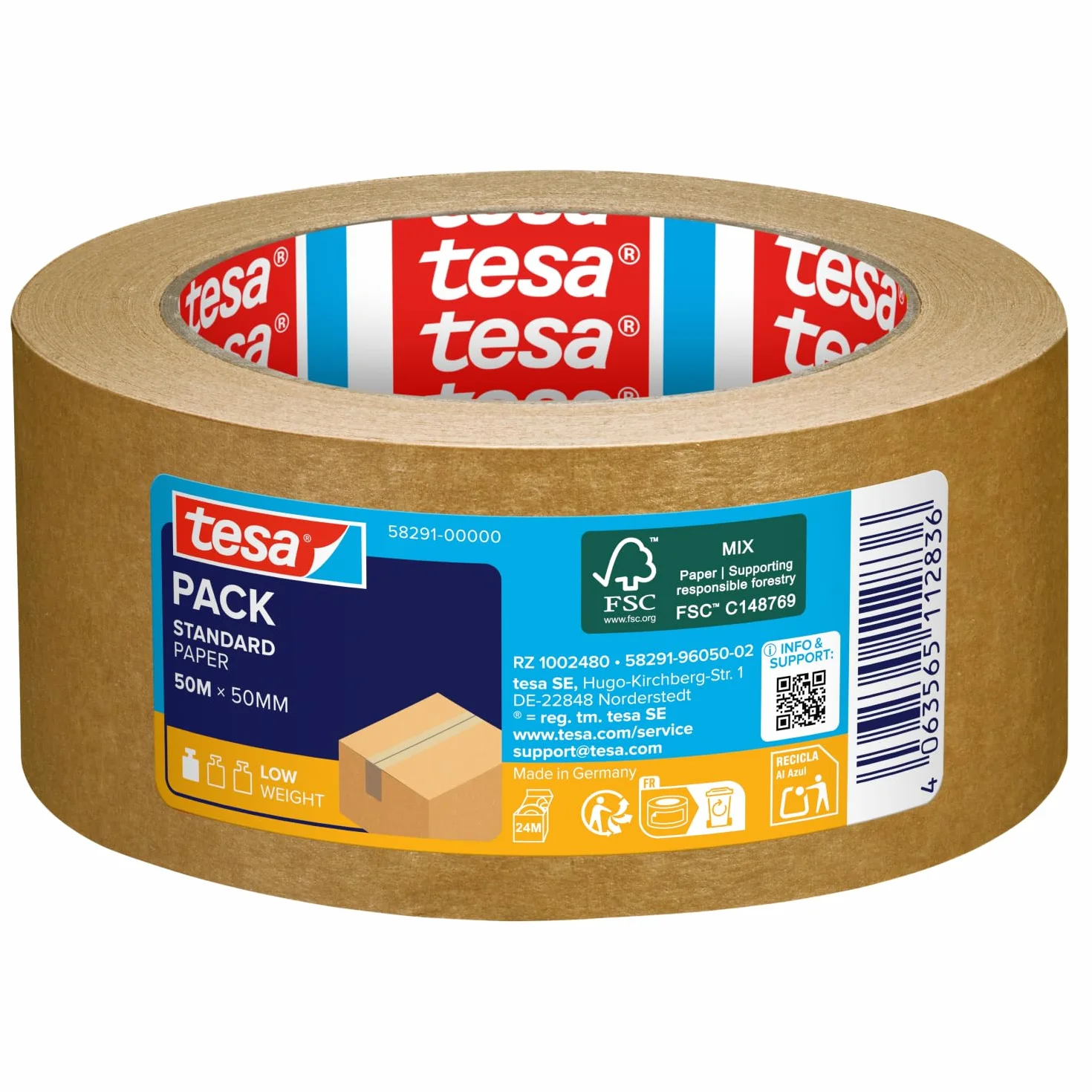 tesa tesapack STANDARD PAPER - Cinta de embalaje de papel - 56% de materiales renovables - Rasgable a mano - Cinta de embalaje para paquetes ligeros - Marrón - 50 m x 50 mm