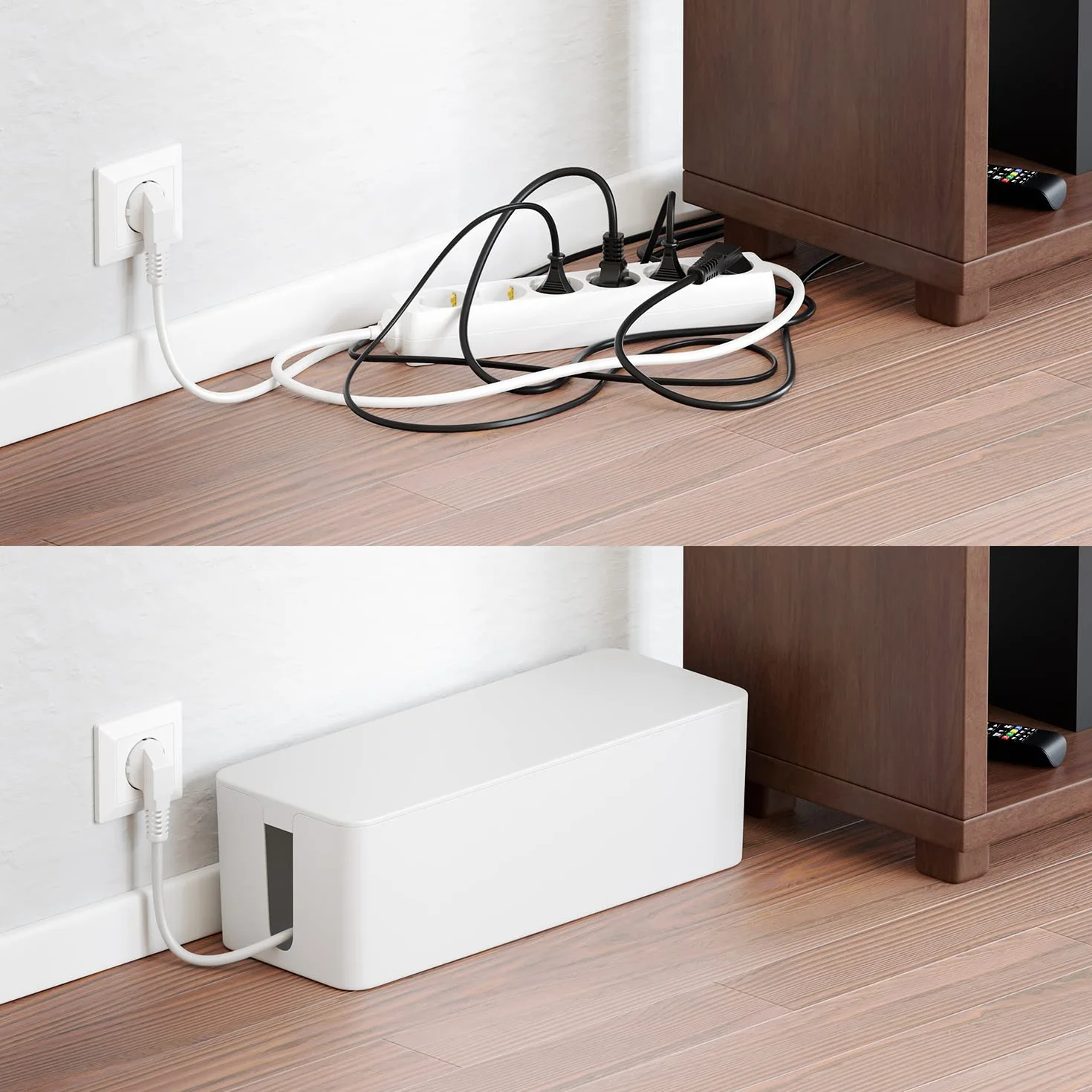 deleyCON Caja para Gestionar Caja Organizadora de Cables 40,5cm x 15,3cm x 13cm Plástico Robusto 2 Guías de Cables Protección y Seguridad Blanco