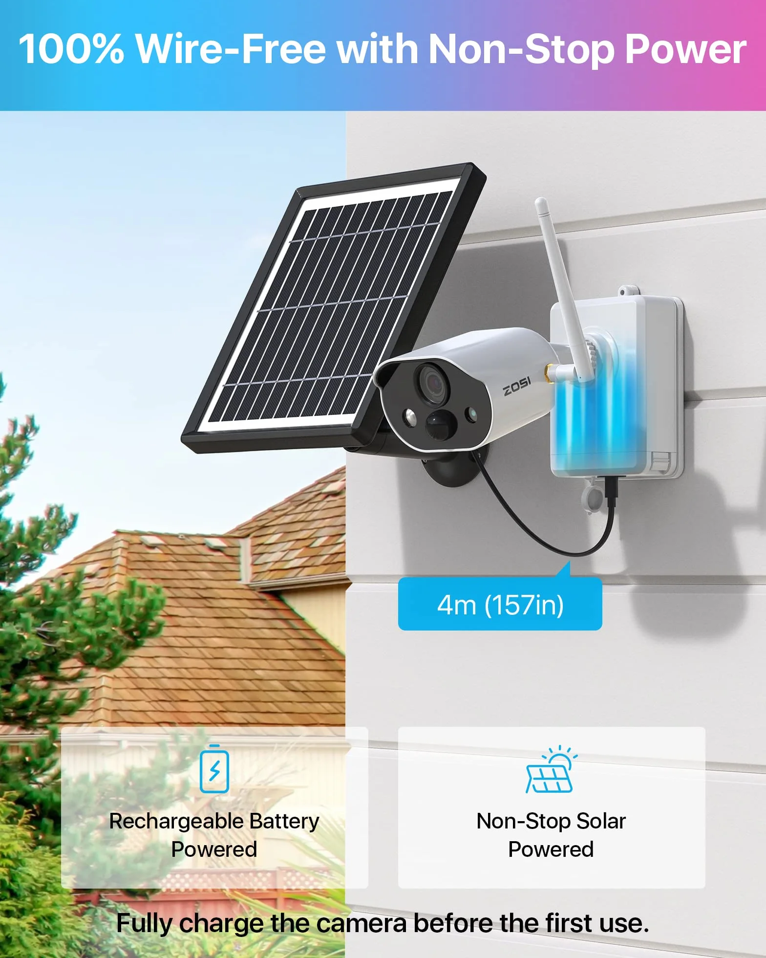 ZOSI C306PK 8CH 2K 3MP Kit de Cámara de Vigilancia WiFi de Batería Recargable y Panel Solar, 3pcs Cámaras IP con Visión Nocturna en Color, Audio, Alarma Sonora y Luminosa, 1TB HDD Incluido