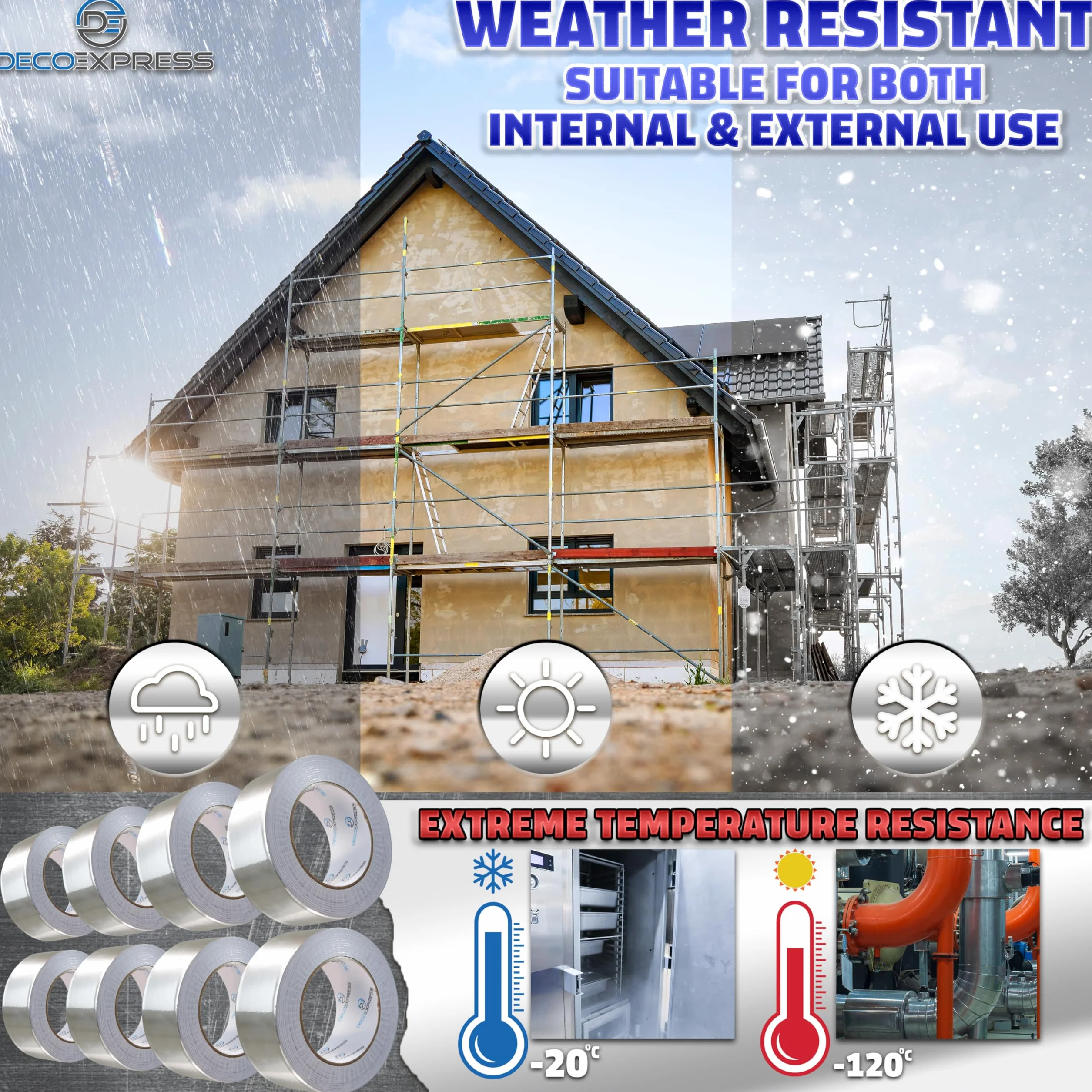 DECO EXPRESS Cintas Adhesivas de Aluminio Alta Temperatura, Cinta de Aluminio Adhesiva 10m, 25m, 50m x 45mm, Resistente al Calor, Impermeable, Cinta de Aislamiento (50 M, 8 Piezas)