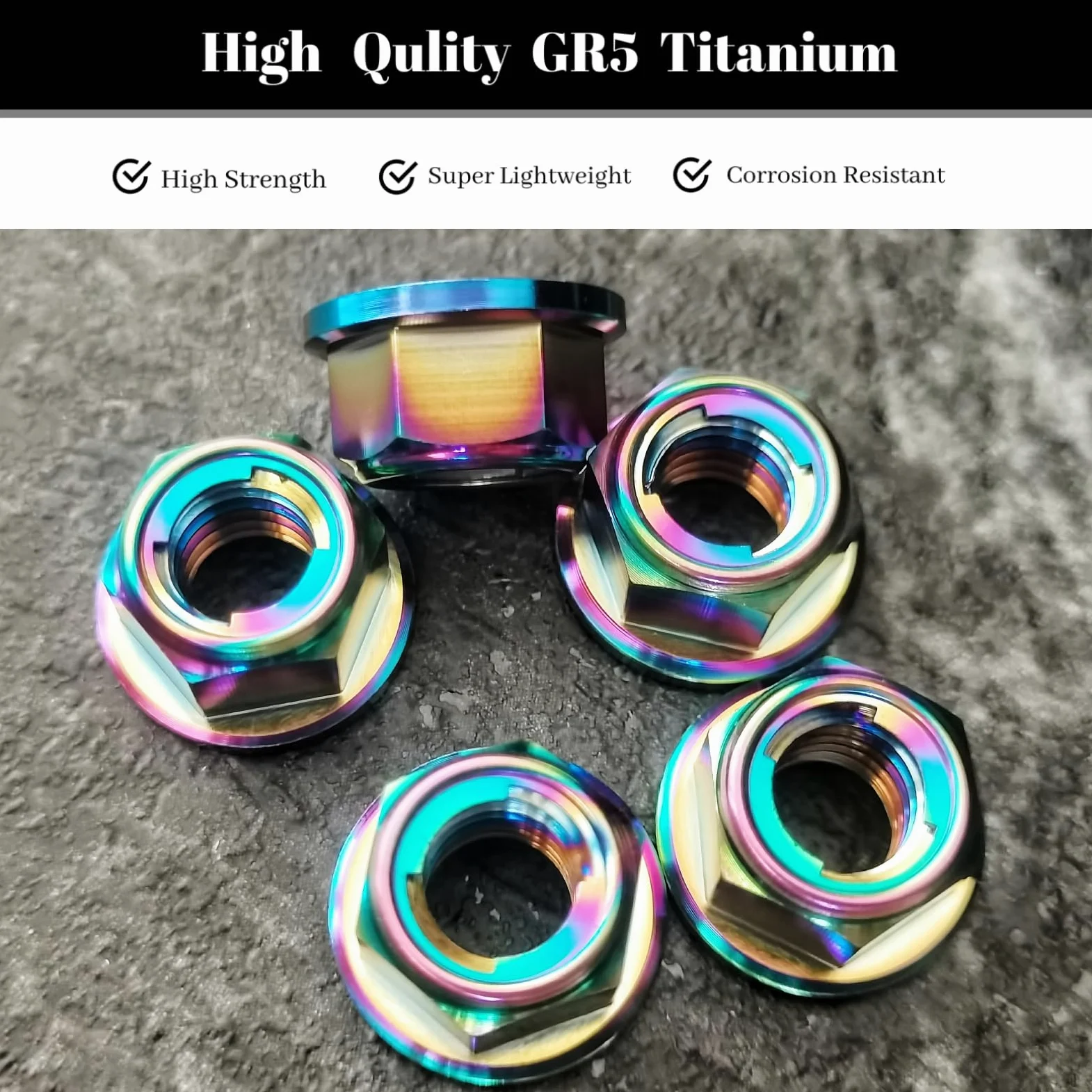 RISON-Titanium Tuerca de Brida de Titanio M5x0.8mm, Tuerca de Seguridad Hexagonal con Reborde, Tuerca de Bloqueo Contratuercas para Piñón/Rueda Dentada de Motocicleta, Bici, Paquete de 5