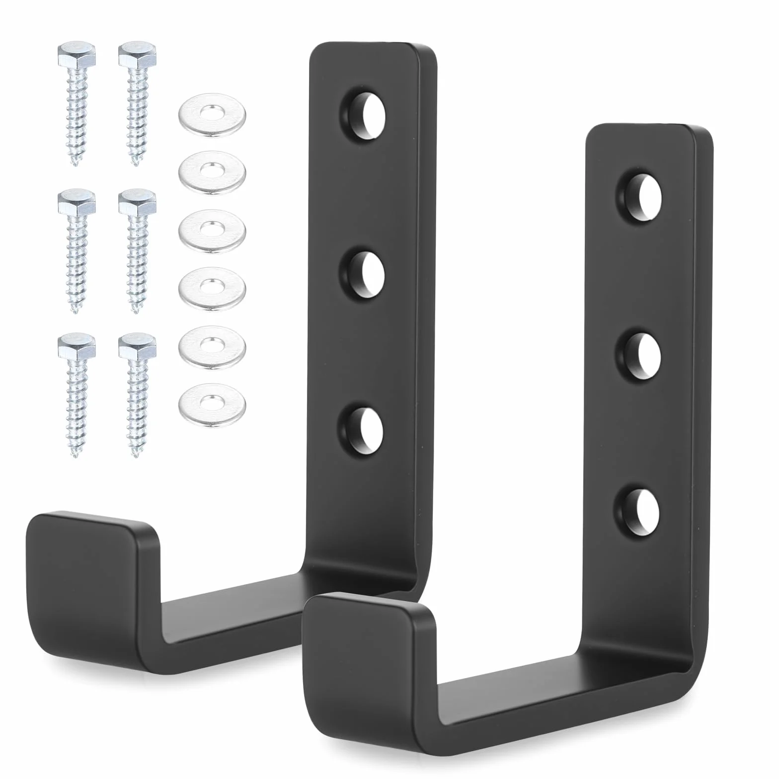 Gancho de Pared para Garaje en J Resistentes, 2 Piezas para Colgar Herramientas, Mangueras, Escaleras con Tornillos (Negro)