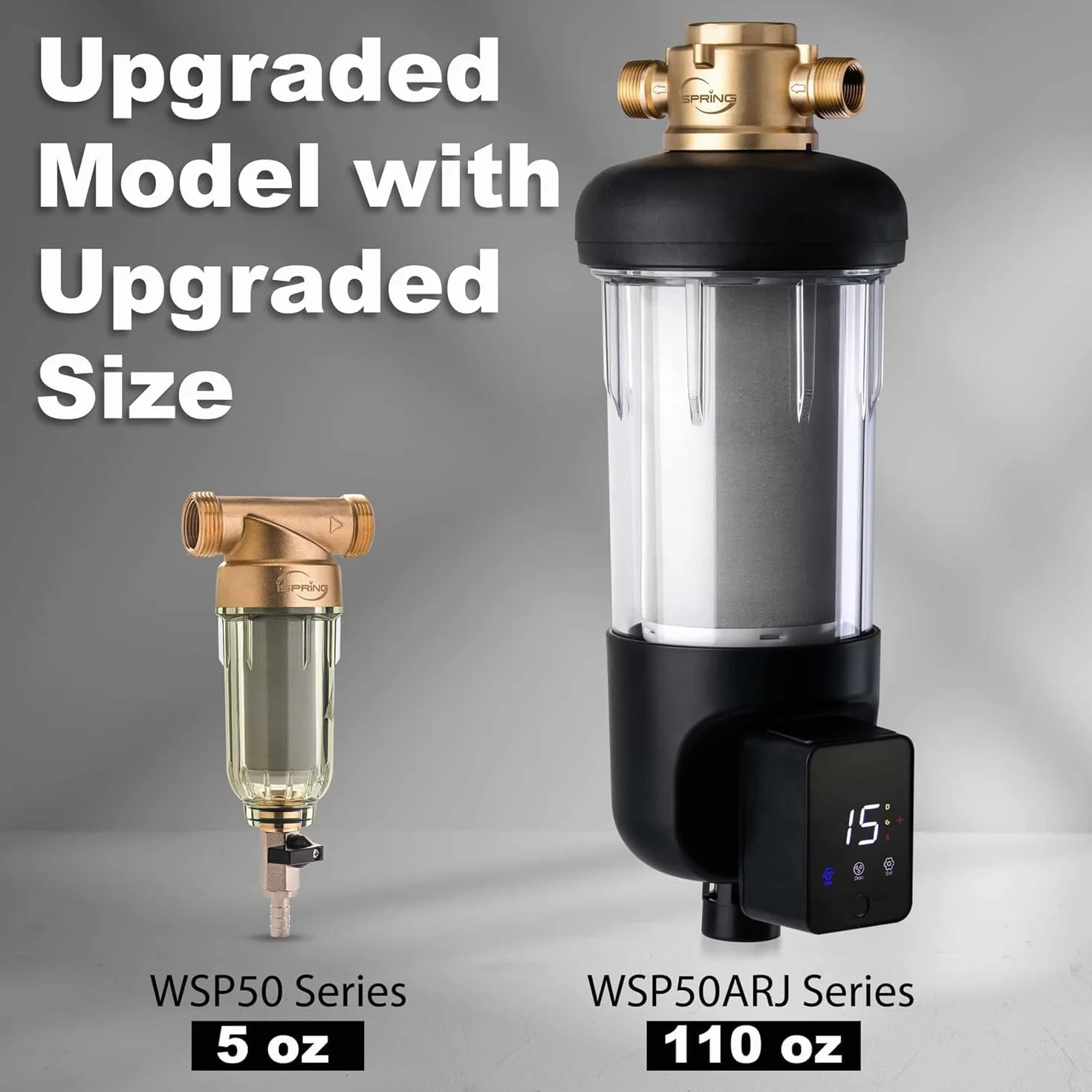 iSpring WSP50ARJ, Certificado NSF, Filtro de Sedimentos de Giro, Tamaño Jumbo Mejorado, Gran Capacidad, Reutilizable con Módulo de Flushing Automático de Pantalla Táctil, Latón, 50 Micrones