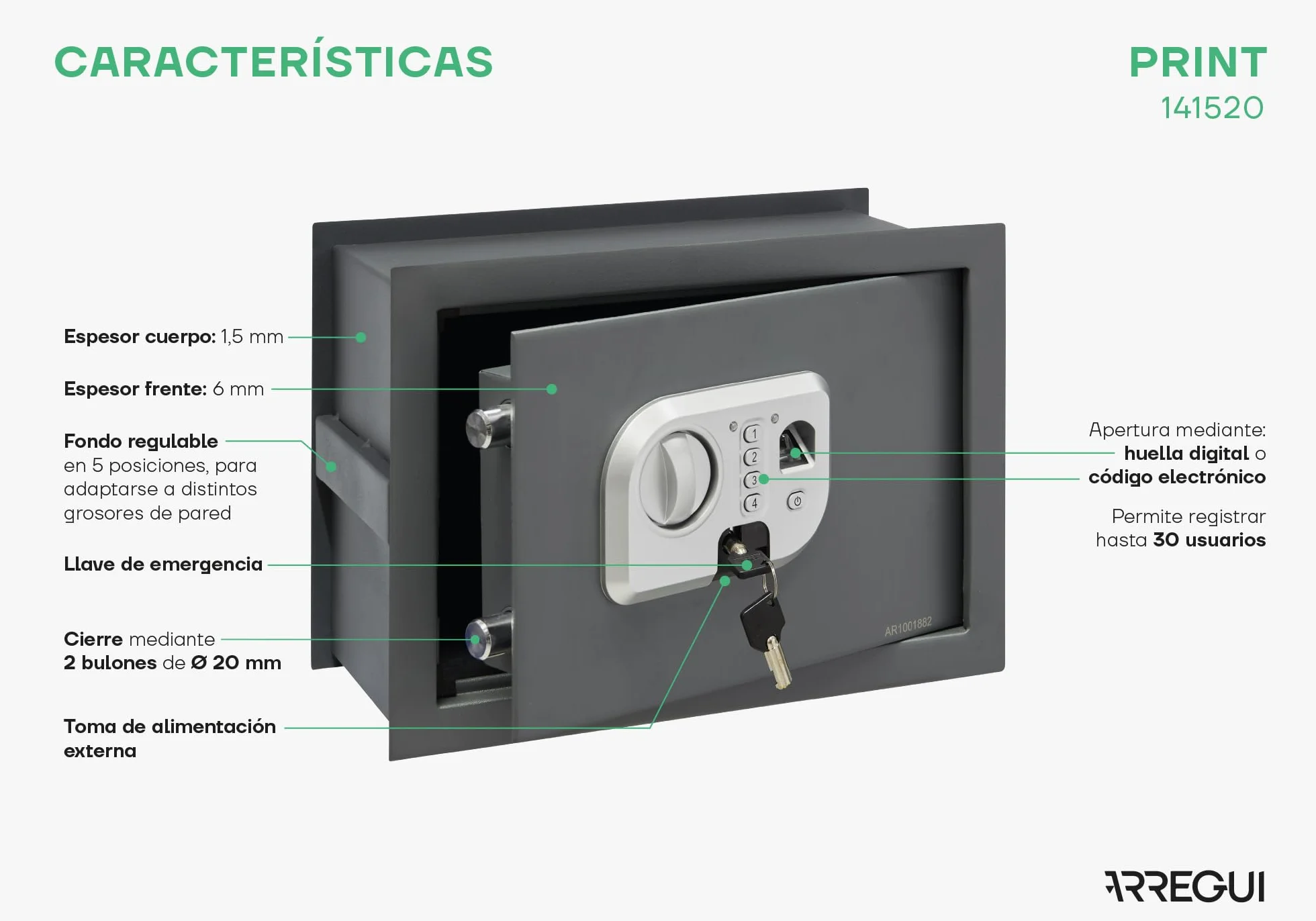 ARREGUI Print 141520 Caja fuerte de empotrar a pared con apertura huella dactilar o código, seguridad biométrica, Fundo extensible 26x35x15/25 cm