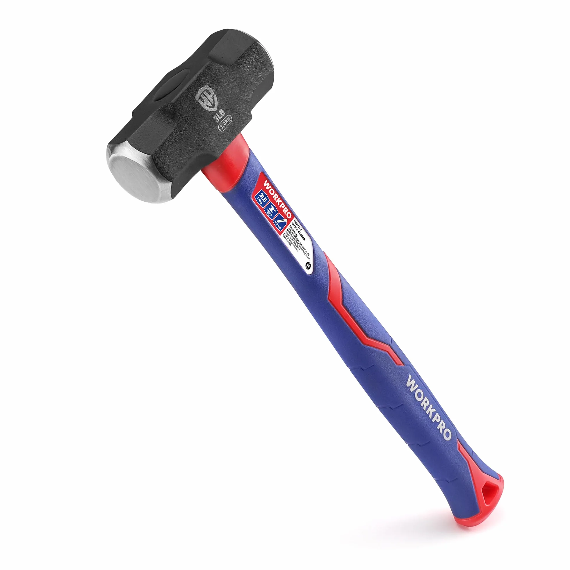 WORKPRO Martillo de Club de 3 LB/1,4 KG con Mango de Fibra de Vidrio, Martillo de 35,5cm, Cabeza de Acero Forjado y Tratado Térmicamente, para Construcción, Roca, Carpintería, Cincelado, Hogar