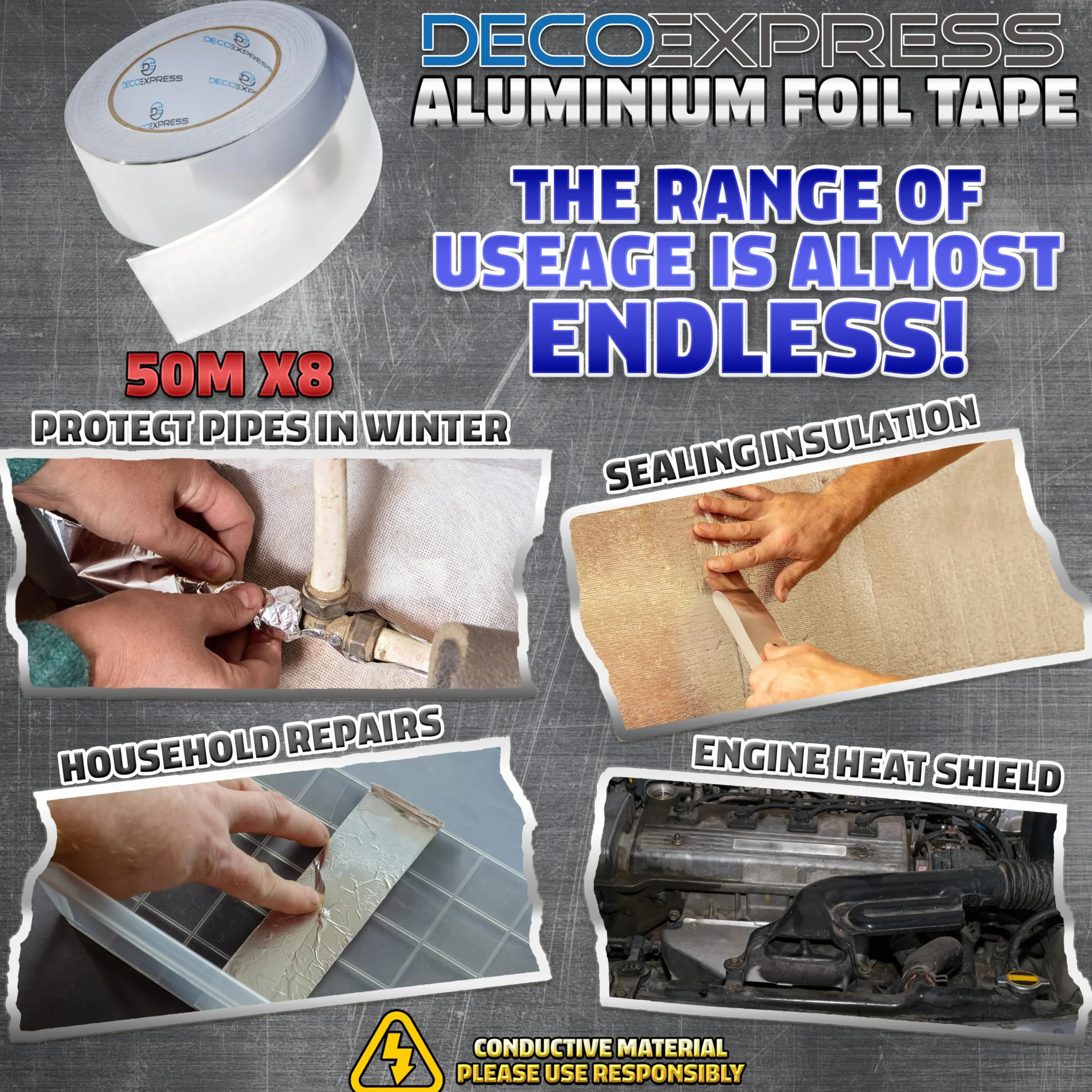DECO EXPRESS Cintas Adhesivas de Aluminio Alta Temperatura, Cinta de Aluminio Adhesiva 10m, 25m, 50m x 45mm, Resistente al Calor, Impermeable, Cinta de Aislamiento (50 M, 8 Piezas)
