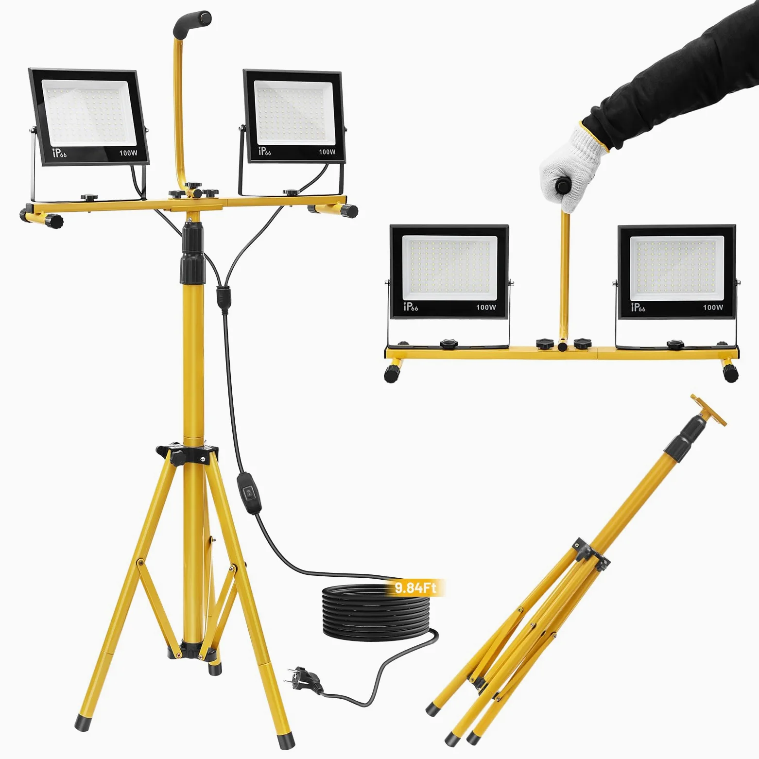 Yofuly 2x 100W Foco LED de Trabajo 21,000LM, Focos LED Portátil con Trípode Telescópico 1,6M, Lentes PC, IP66 Impermeable, con Cable de 3M, Luz de Trabajo para Obras, Jardines, Construcción