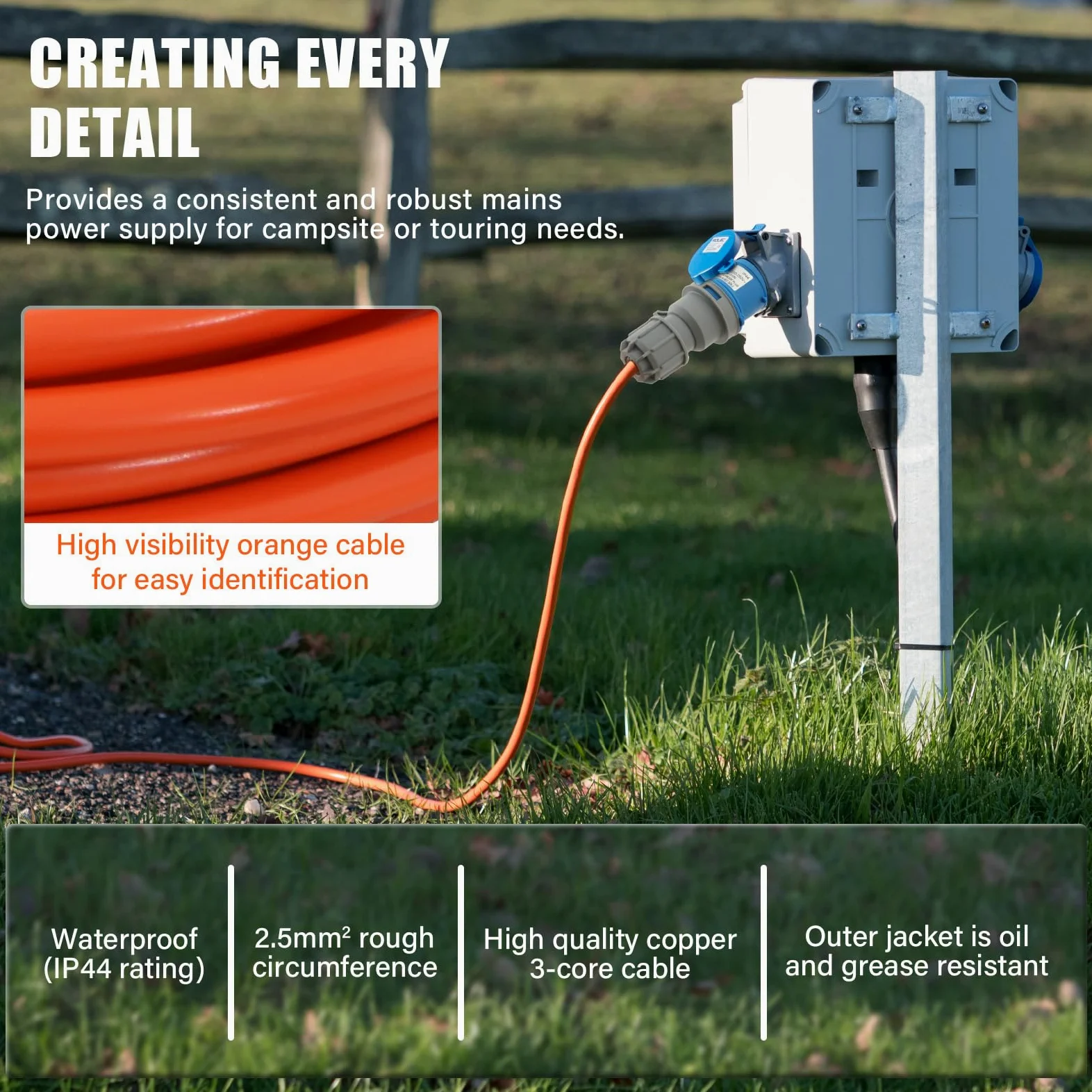 5m Cable Adaptador para Camping, Cable de extensión Industrial CEE 240V 3G2,5mm² en Color Naranja de señalización | IP44 Apto para Exteriores, Conector CEE 16A con para Camping & caravanas