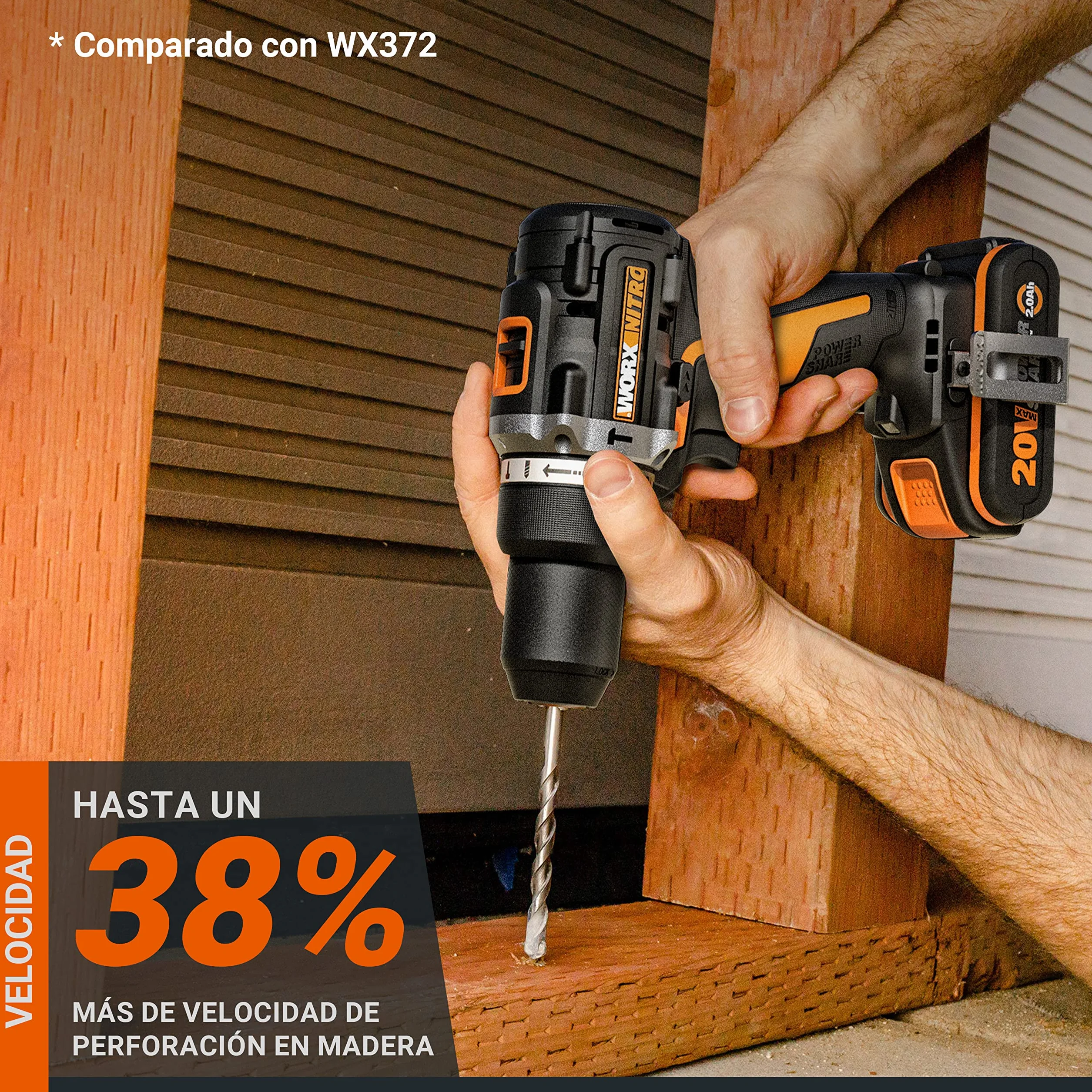 WORX Taladro Percutor a batería 20V Máx | WX352 | Motor sin escobillas | Power Share | 2 baterías de 2Ah | Cargador y maletín | Portabrocas metálico, carcasa de engranajes metálica