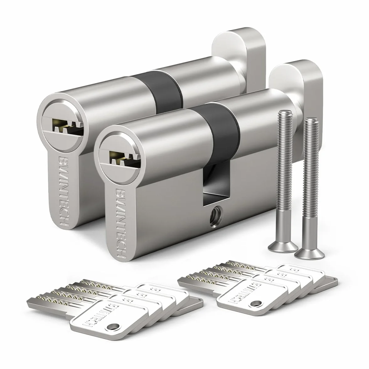 Bwintech 2 pieza 35T/35mm Euro Latón Cilindro, 70mm Thumbturn/Key Barrel Lock con 10 llaves horizontales de latón, tiene antirrobo, antiperforación, antigolpes, antigolpes, níquel satinado