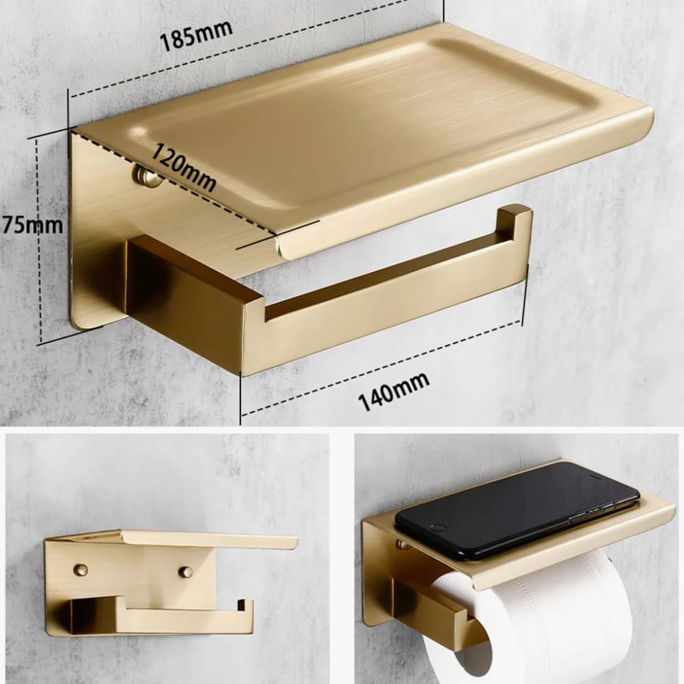 Juego de Accesorios de baño de Oro Cepillado Soporte para Rollo de Papel higiénico para Montaje en Pared Toallero Percha para Batas Kit de Accesorios de Acero Inoxidable, Soporte para teléfono BG
