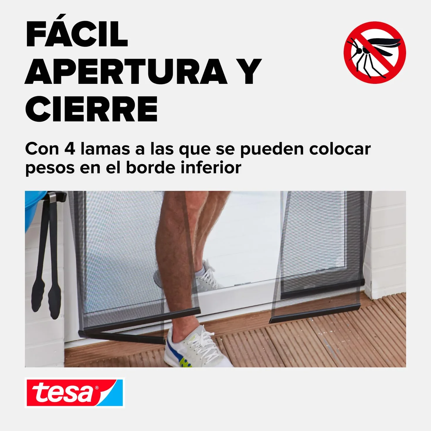 tesa Insect Stop Cortinas STANDARD para Puertas, Mosquitera de 4 Piezas con Cinta Adhesiva de Gancho y Bucle, Sin Necesidad de Taladrar, Blanca, 95 cm x 220 cm
